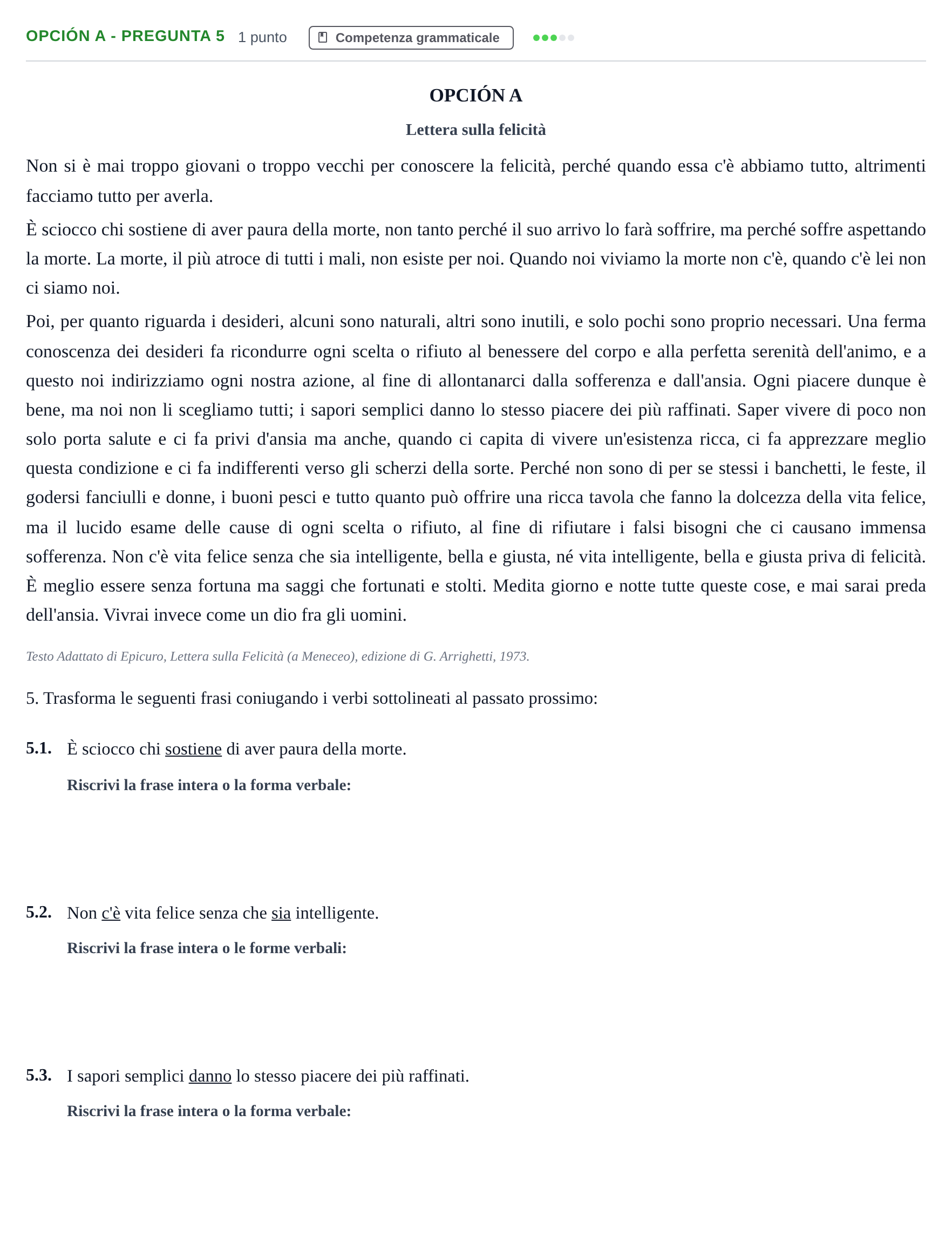 Enunciado: Opción A - Pregunta 5 · Italiano PAU Madrid Modelo 2018
