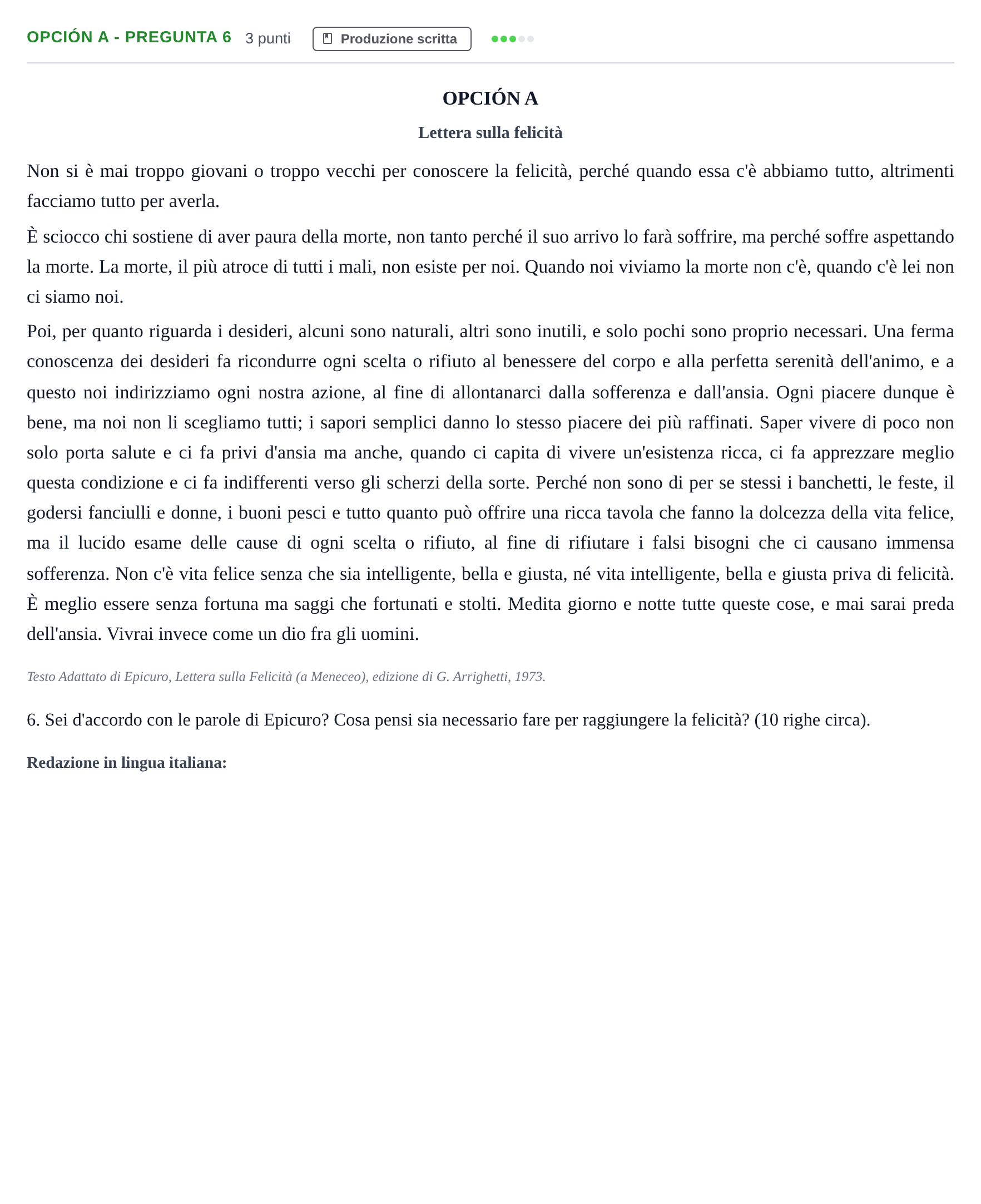 Enunciado: Opción A - Pregunta 6 · Italiano PAU Madrid Modelo 2018