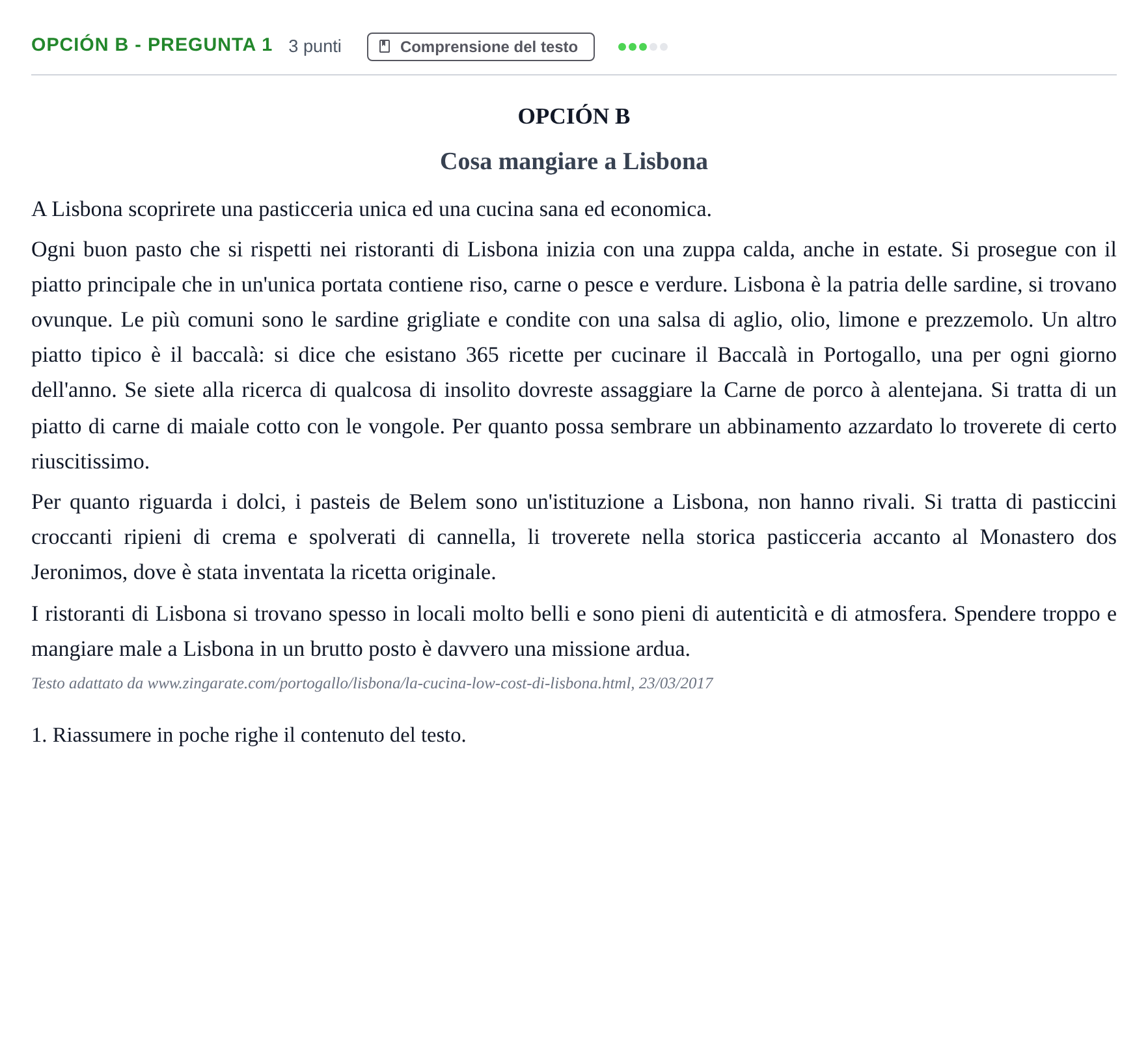 Enunciado: Opción B - Pregunta 1 · Italiano PAU Madrid Modelo 2018