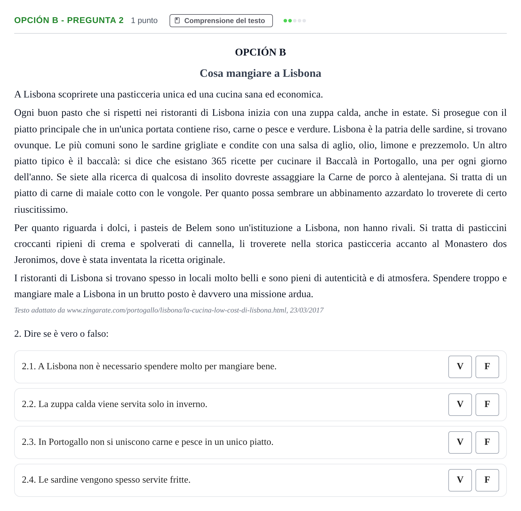 Enunciado: Opción B - Pregunta 2 · Italiano PAU Madrid Modelo 2018