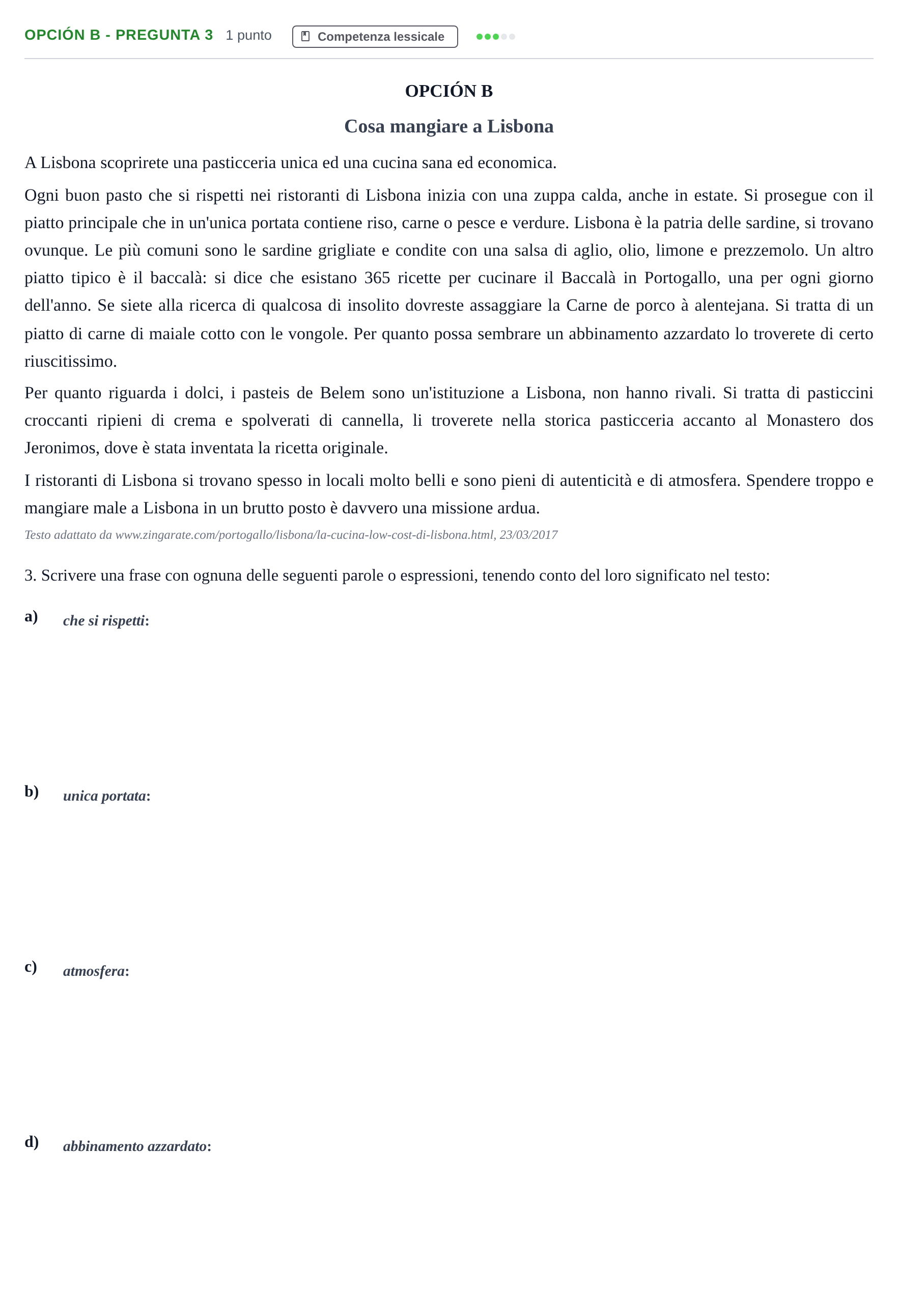 Enunciado: Opción B - Pregunta 3 · Italiano PAU Madrid Modelo 2018