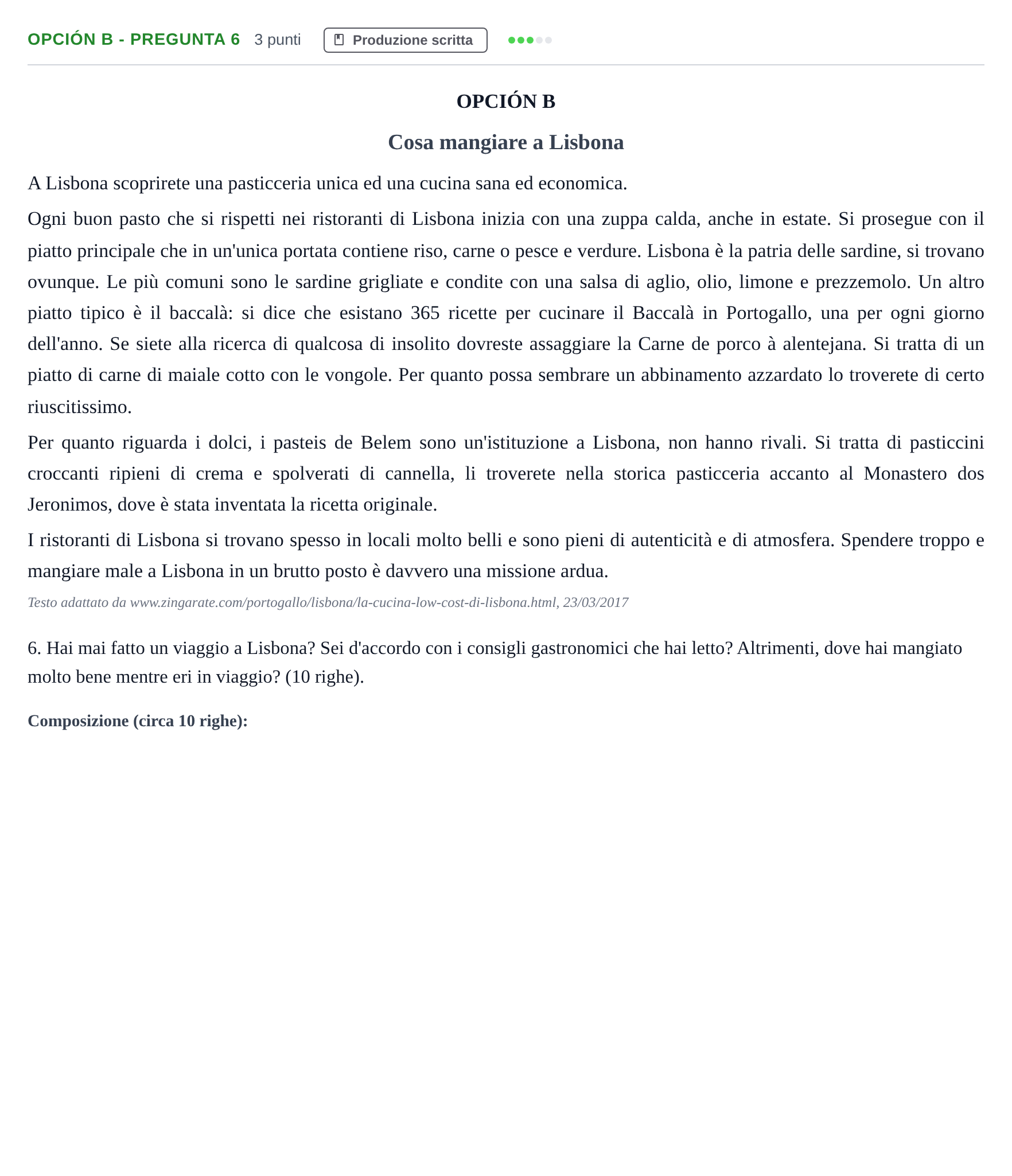 Enunciado: Opción B - Pregunta 6 · Italiano PAU Madrid Modelo 2018