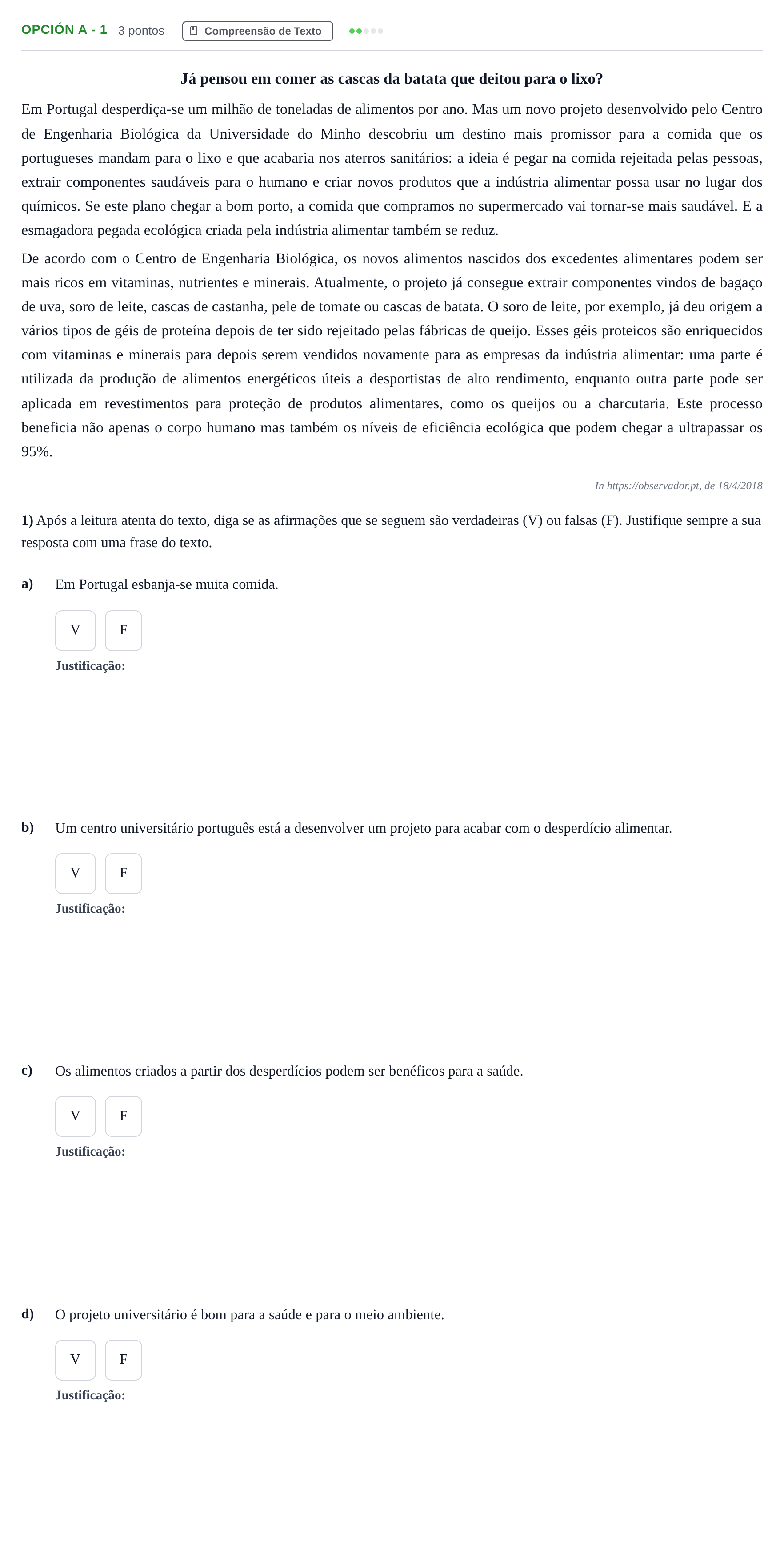 Enunciado: Opción A - 1 · Portugués PAU Madrid Extraordinaria (2ª lengua) 2018
