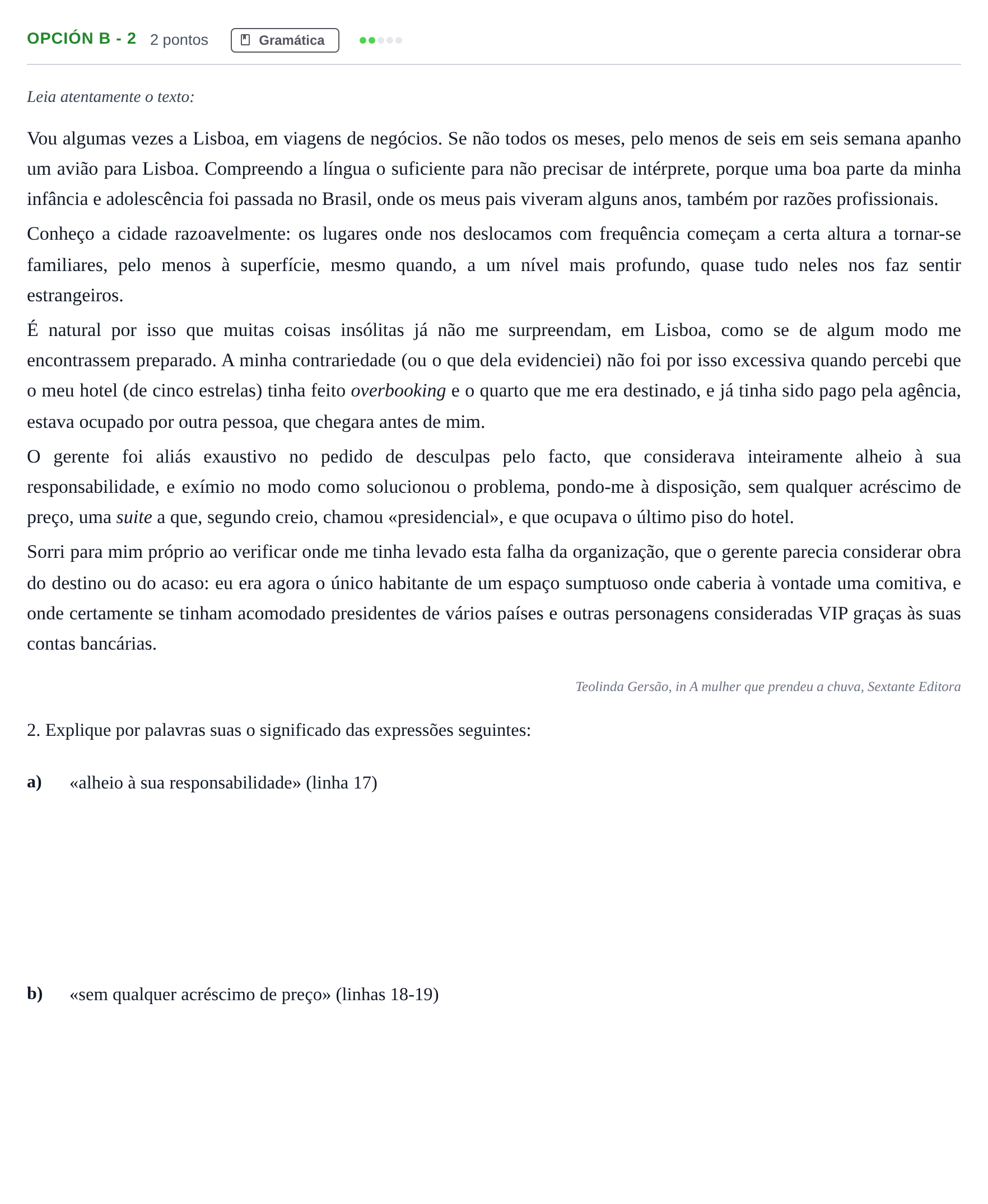 Enunciado: Opción B - 2 · Portugués PAU Madrid Ordinaria (2ª lengua) 2018