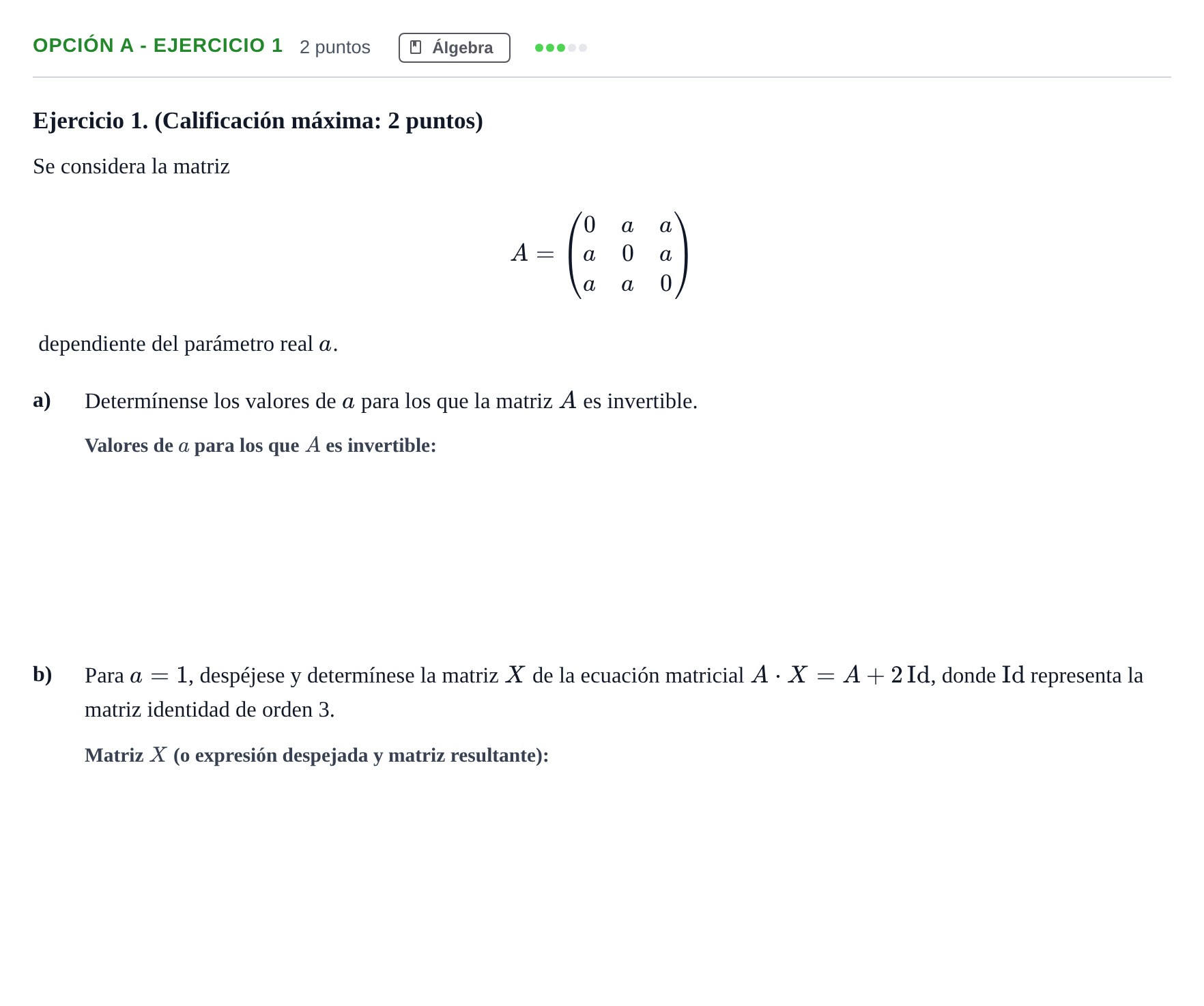 Enunciado: Opción A - Ejercicio 1 · Matemáticas aplicadas a las Ciencias Sociales II PAU Madrid Modelo 2018