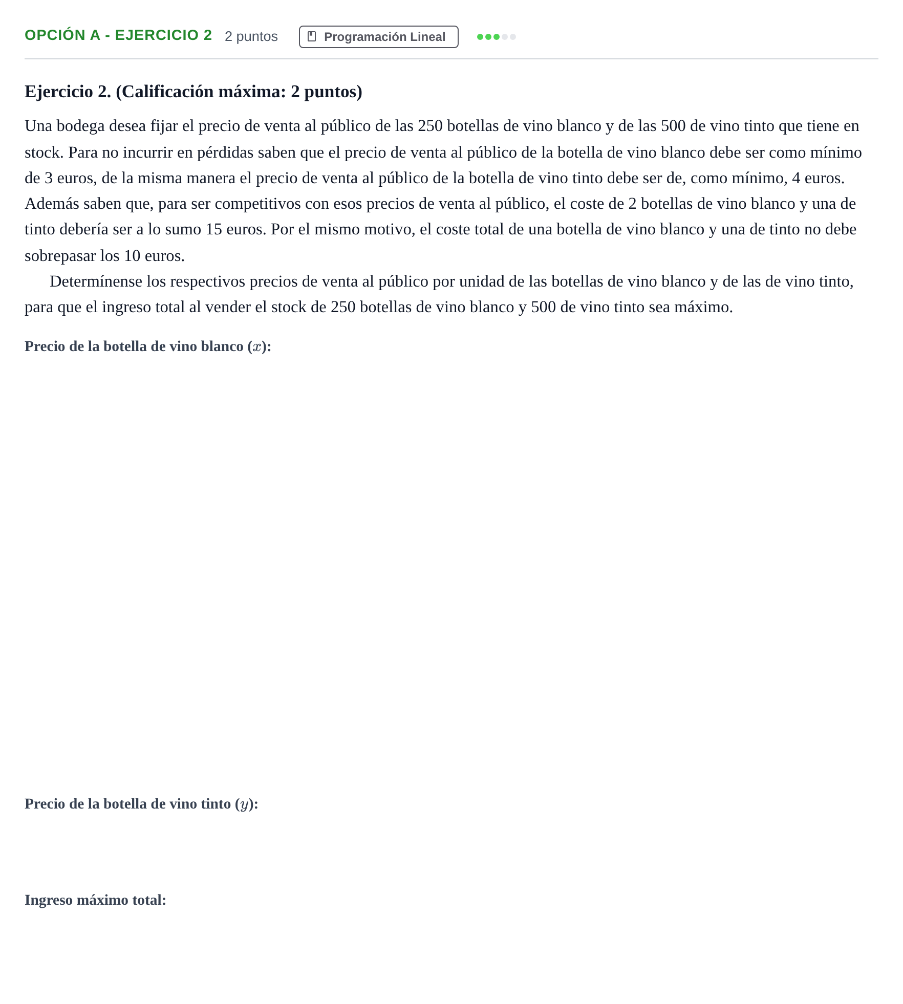 Enunciado: Opción A - Ejercicio 2 · Matemáticas aplicadas a las Ciencias Sociales II PAU Madrid Modelo 2018