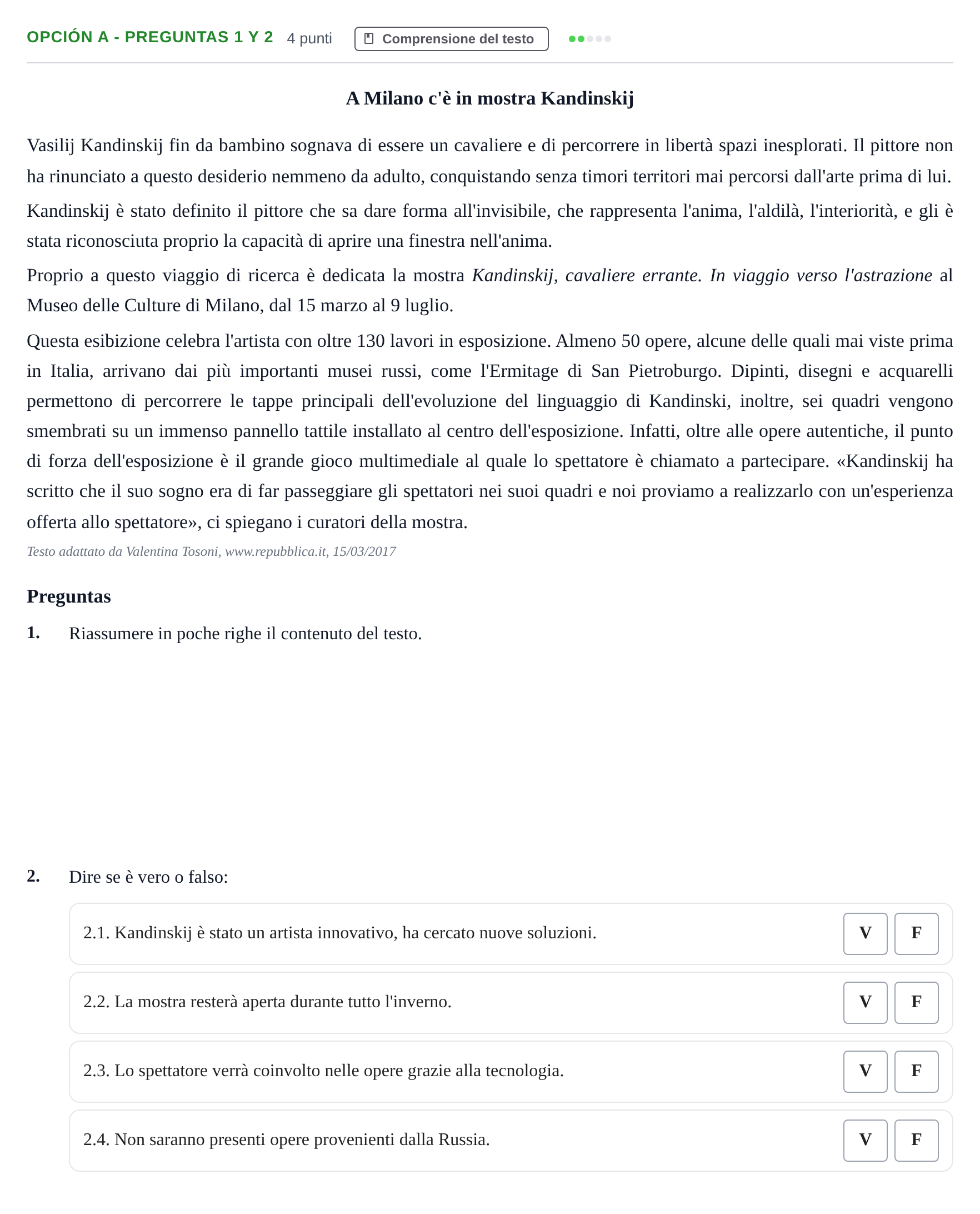 Enunciado: Opción A - Preguntas 1 y 2 · Italiano PAU Madrid Ordinaria (2ª lengua) 2018