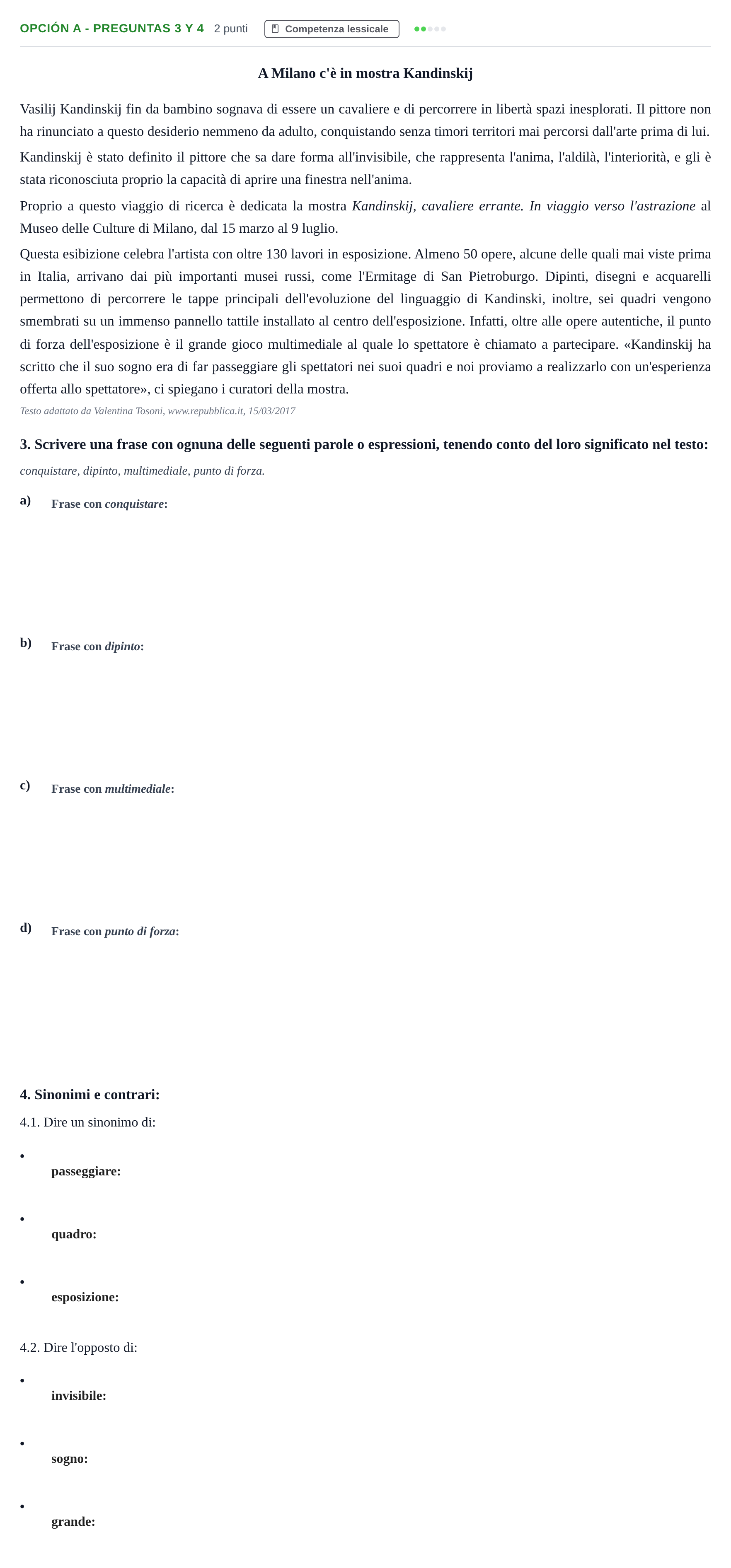Enunciado: Opción A - Preguntas 3 y 4 · Italiano PAU Madrid Ordinaria (2ª lengua) 2018