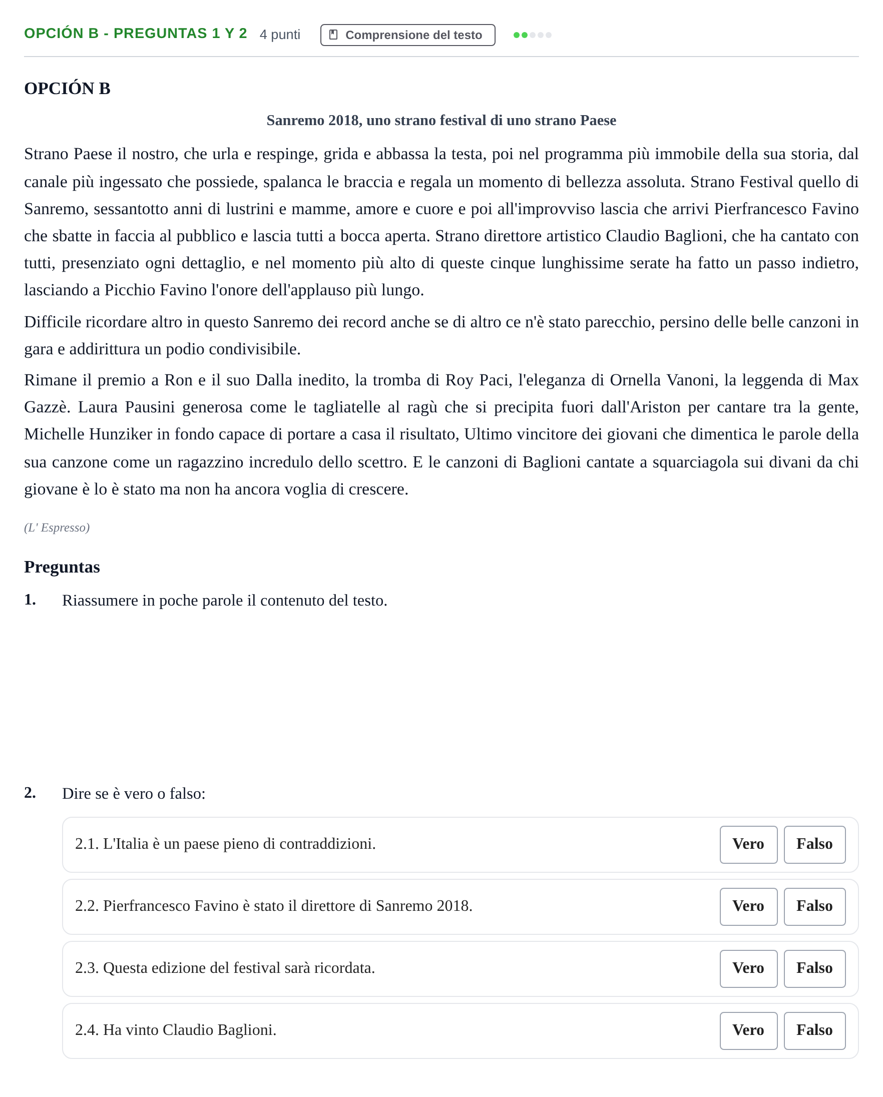 Enunciado: Opción B - Preguntas 1 y 2 · Italiano PAU Madrid Ordinaria (2ª lengua) 2018