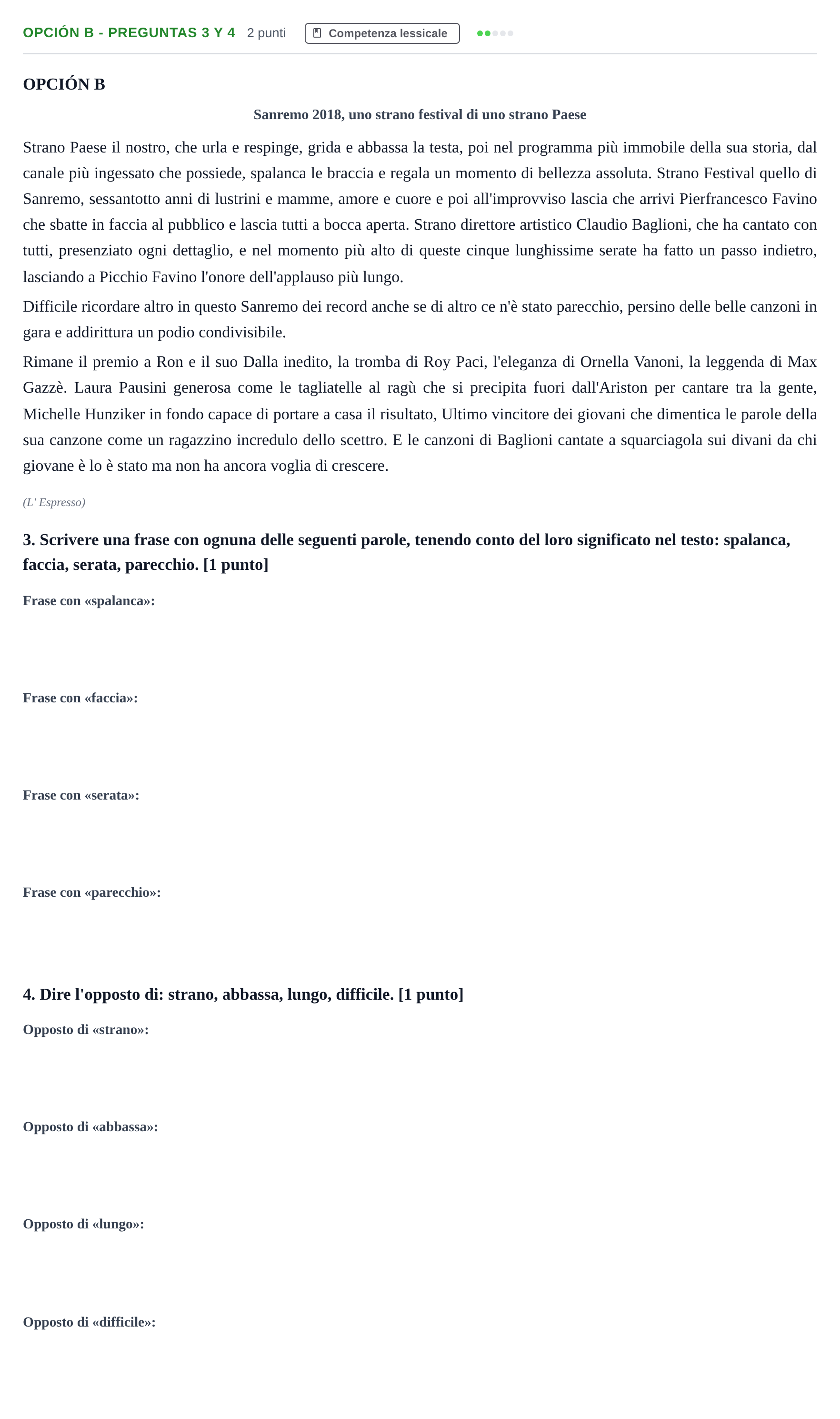 Enunciado: Opción B - Preguntas 3 y 4 · Italiano PAU Madrid Ordinaria (2ª lengua) 2018