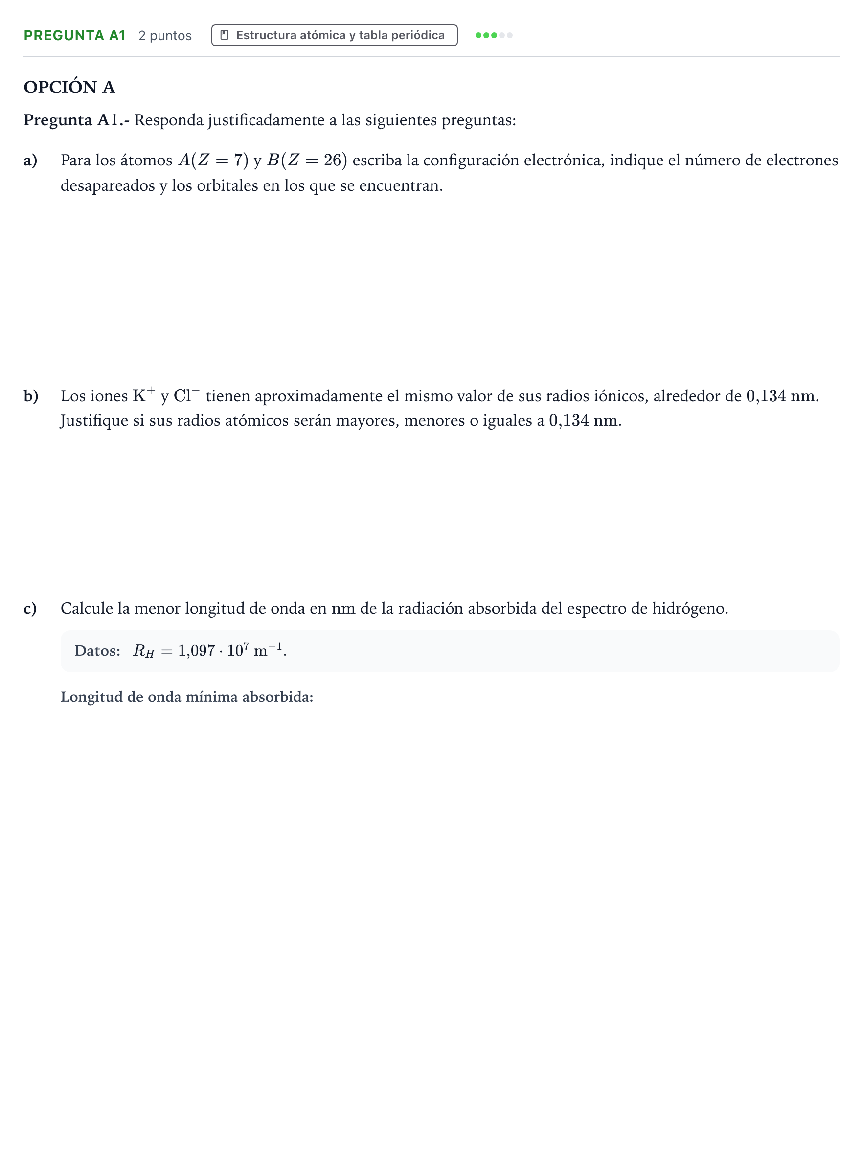 Enunciado: Pregunta A1 · Química PAU Madrid Extraordinaria 2018