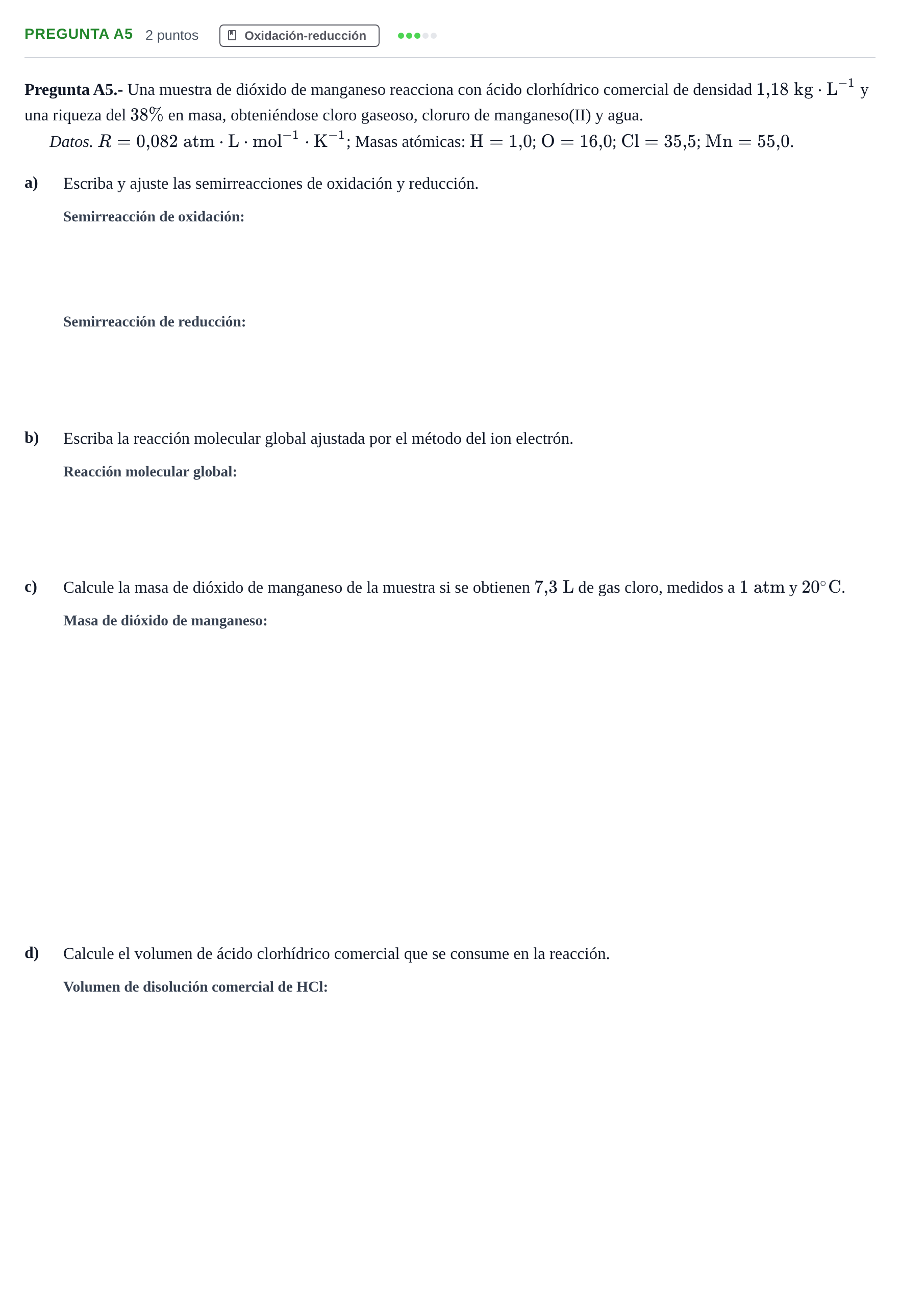 Enunciado: Pregunta A5 · Química PAU Madrid Extraordinaria 2018