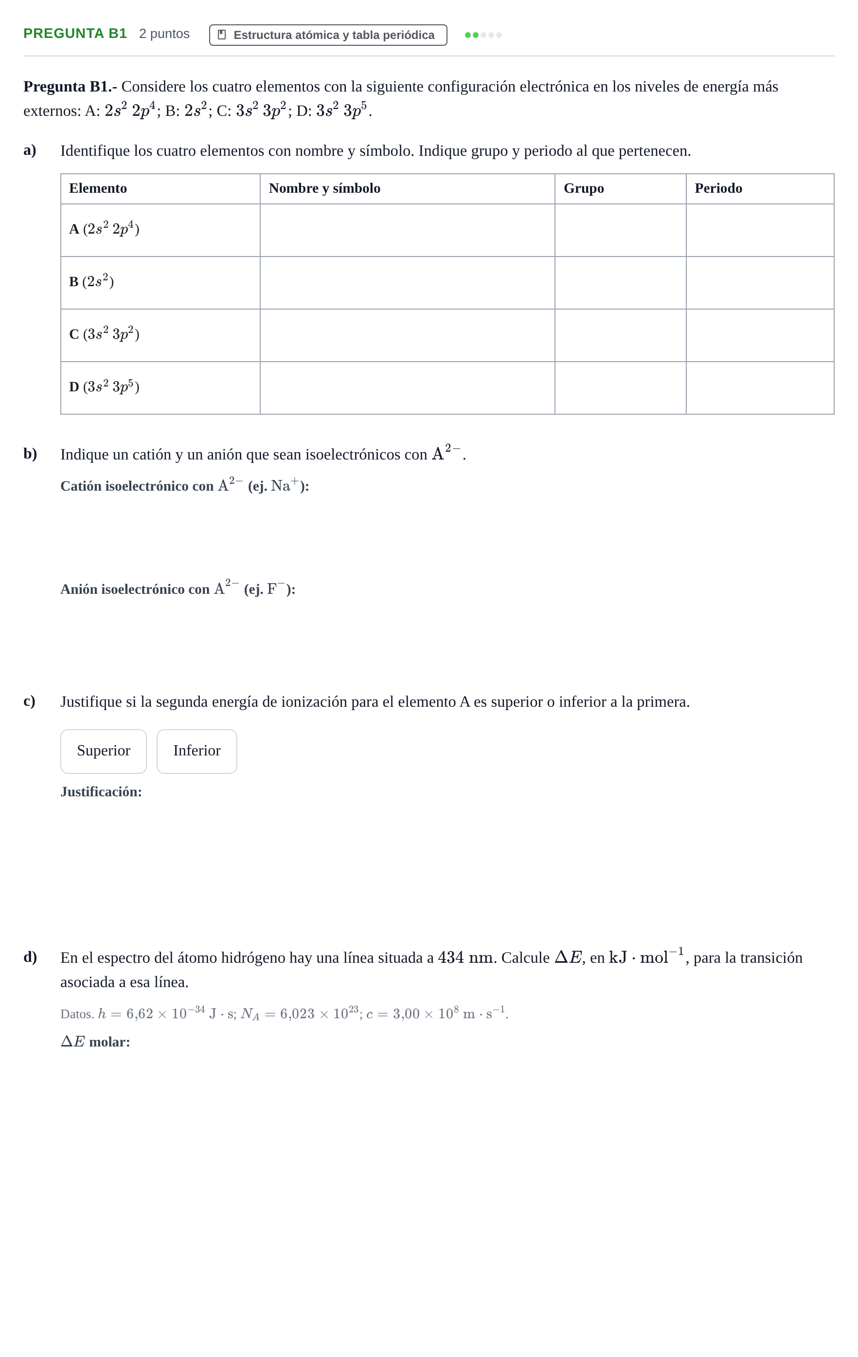 Enunciado: Pregunta B1 · Química PAU Madrid Modelo 2018