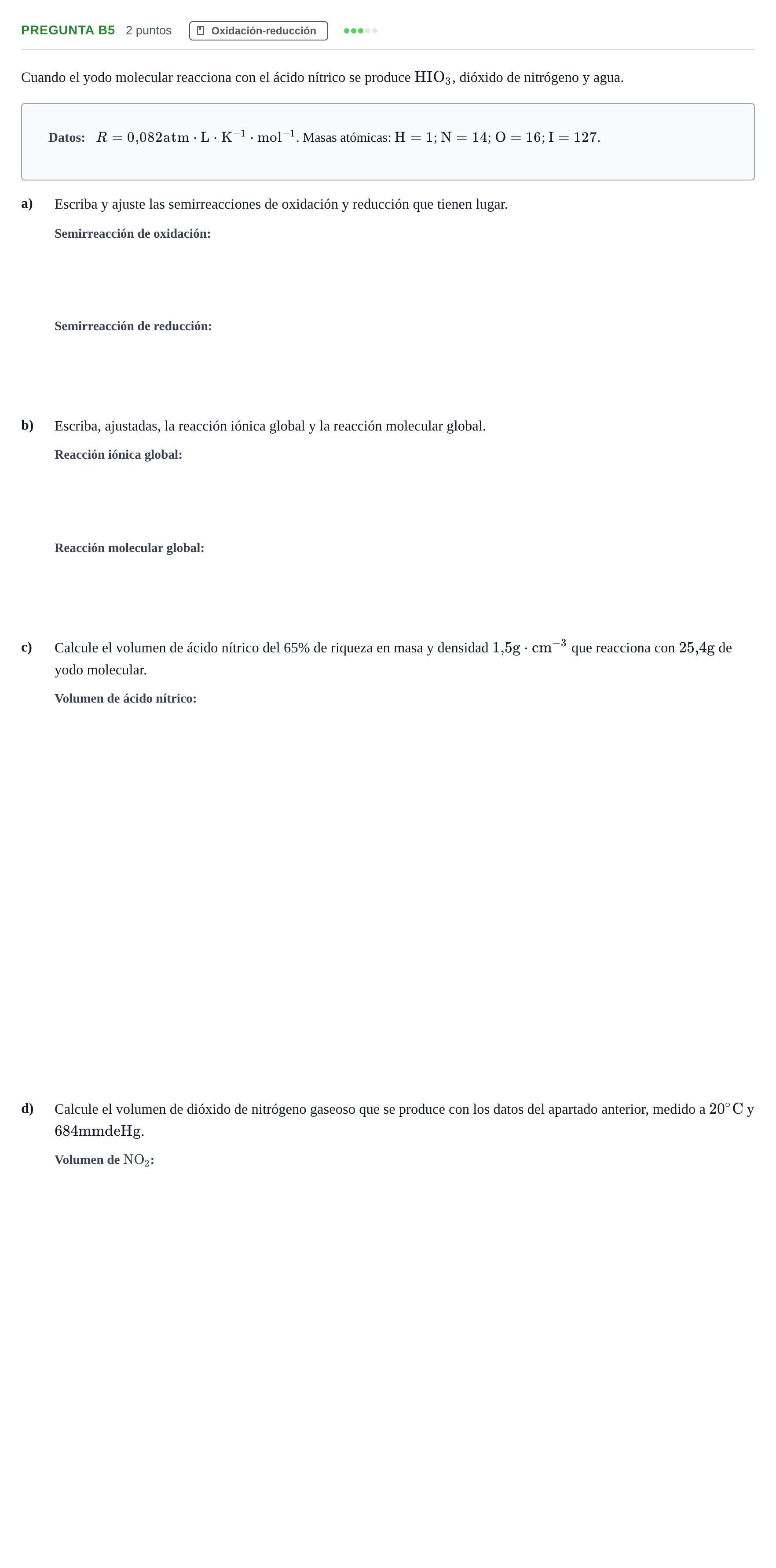 Enunciado: Pregunta B5 · Química PAU Madrid Modelo 2018