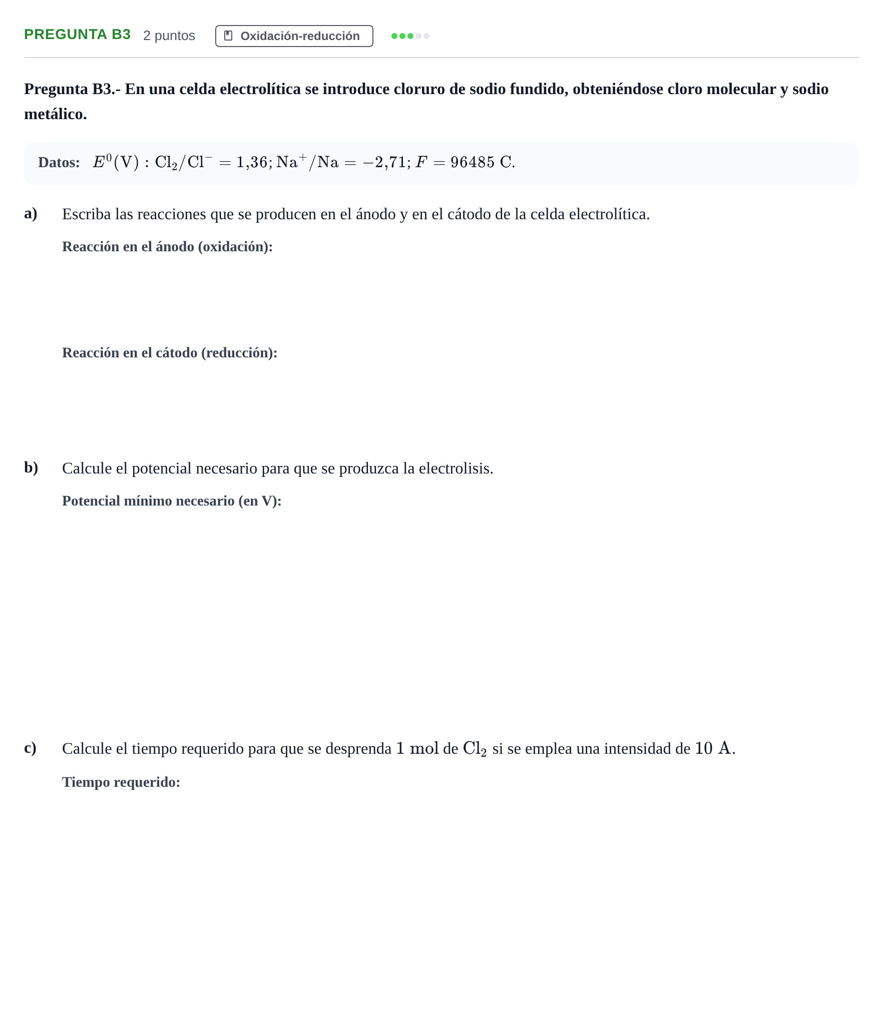 Enunciado: Pregunta B3 · Química PAU Madrid Ordinaria 2018
