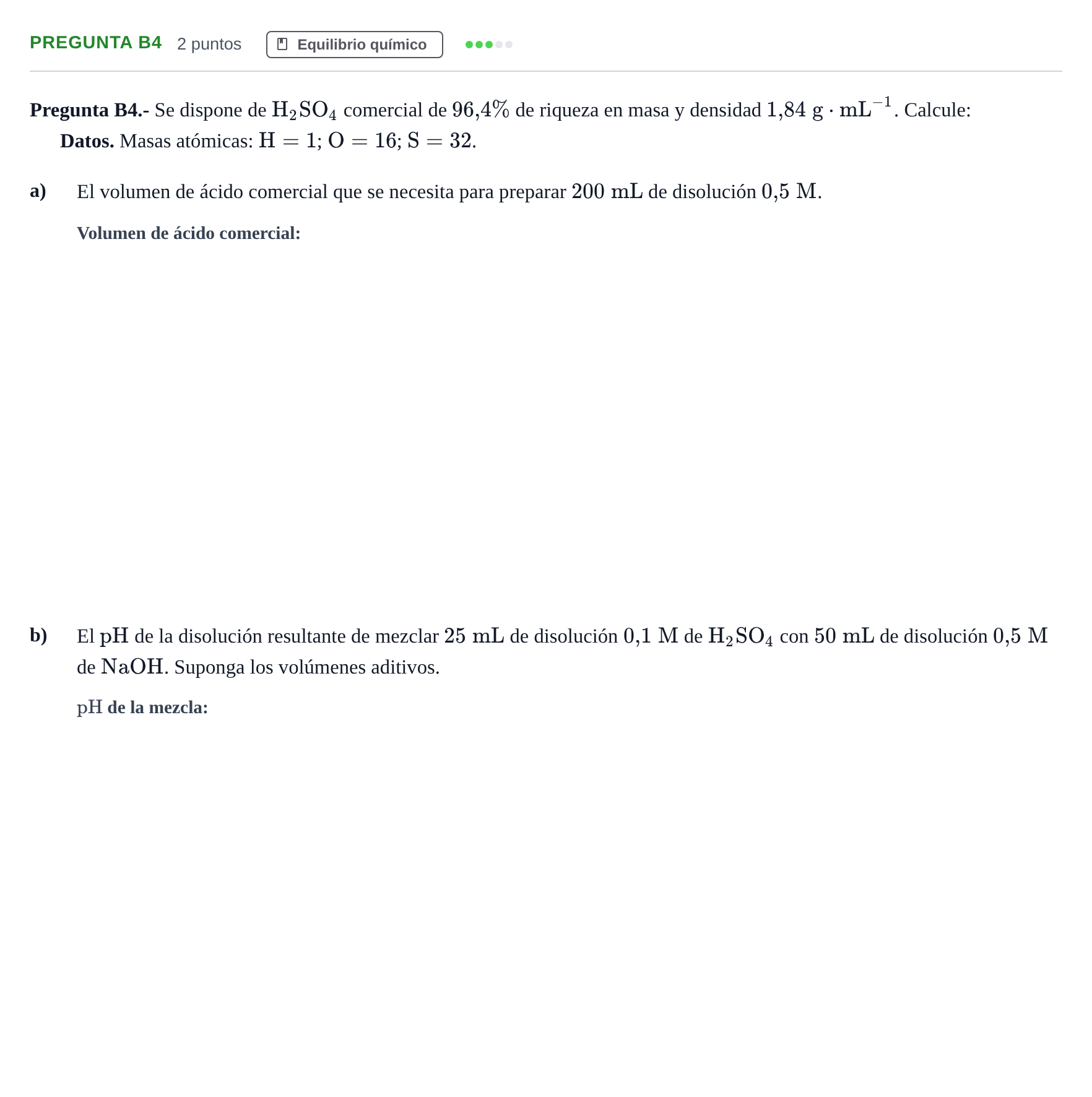 Enunciado: Pregunta B4 · Química PAU Madrid Ordinaria 2018