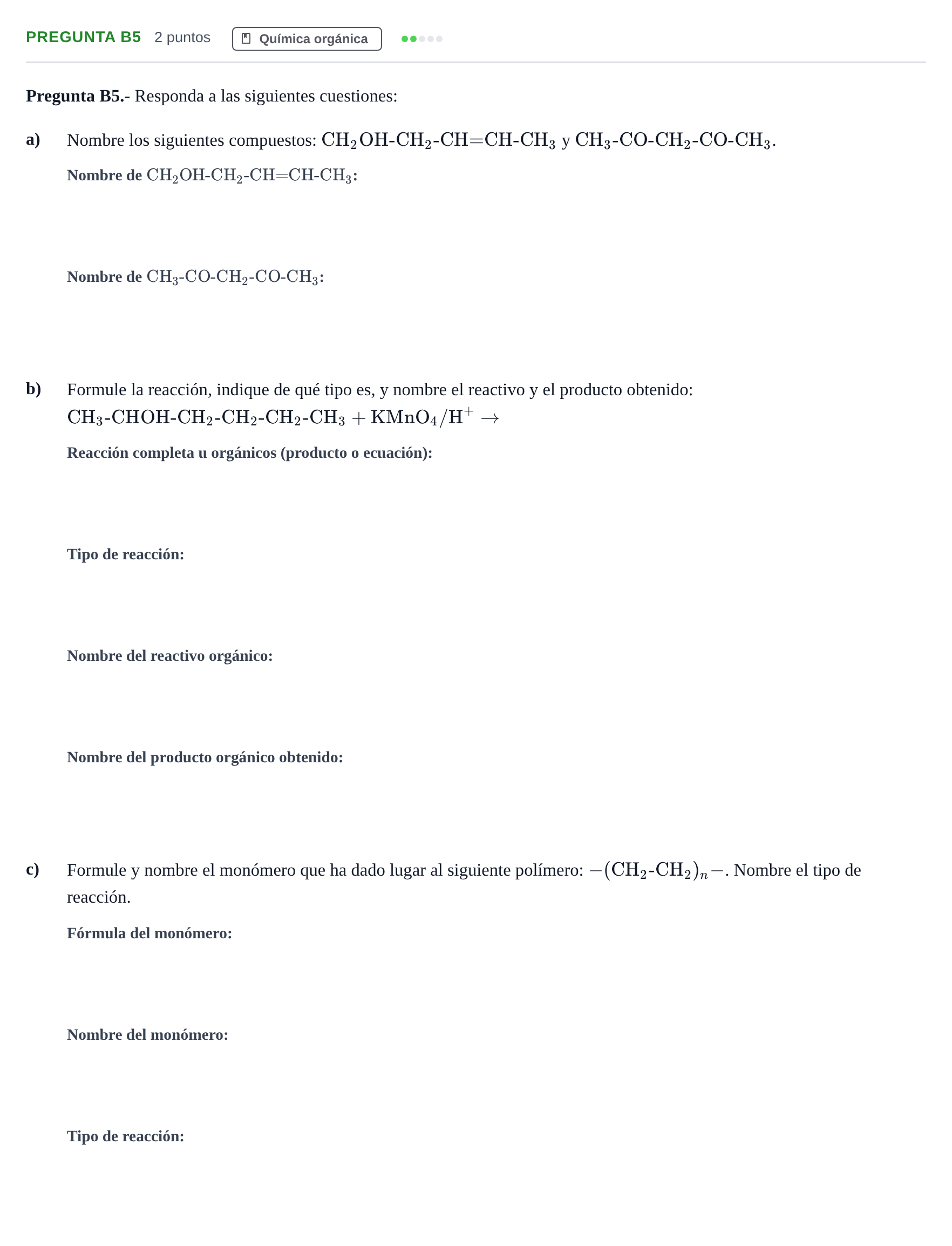 Enunciado: Pregunta B5 · Química PAU Madrid Ordinaria 2018