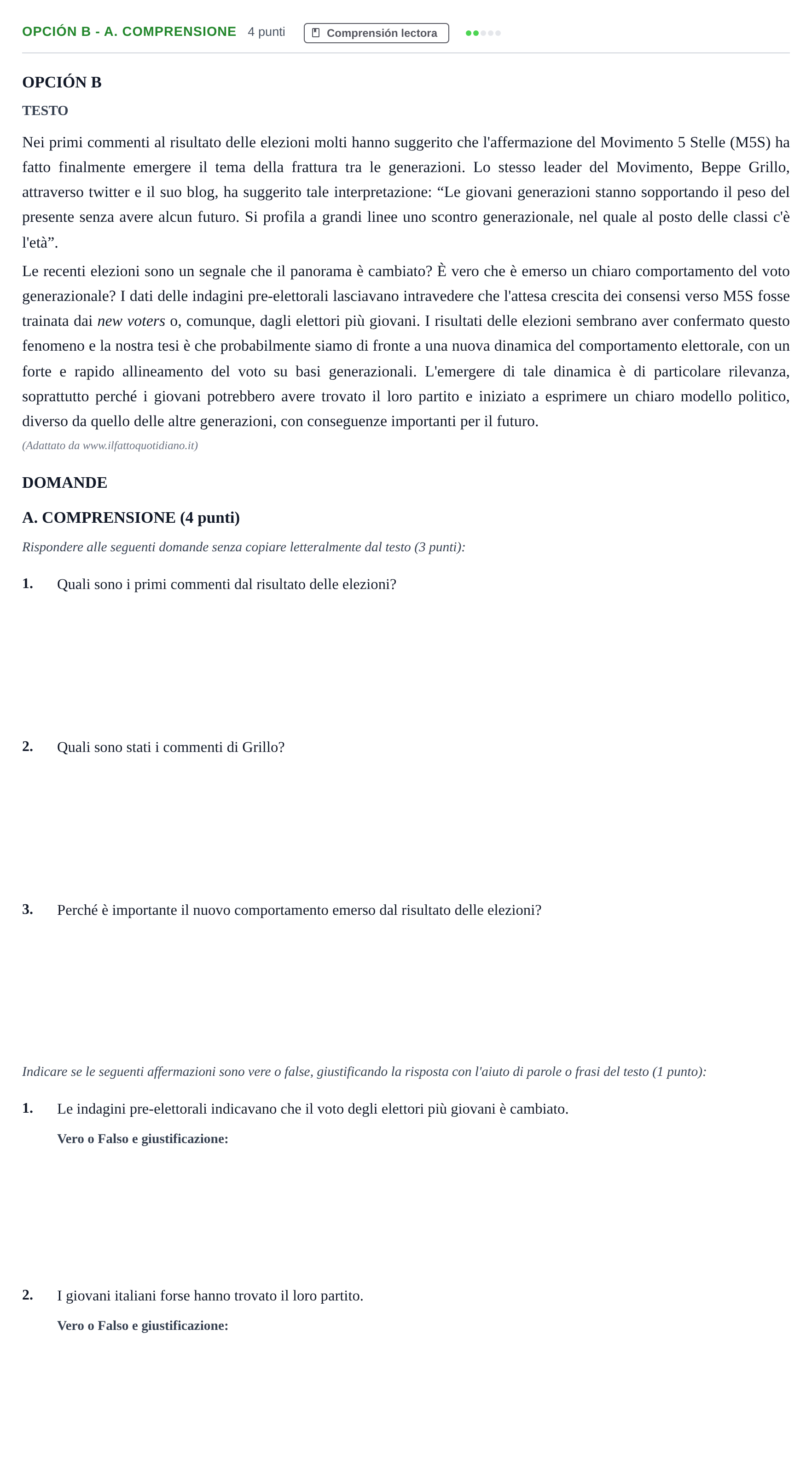 Enunciado: Opción B - A. Comprensione · Italiano PAU Andalucía Extraordinaria Titular 2013