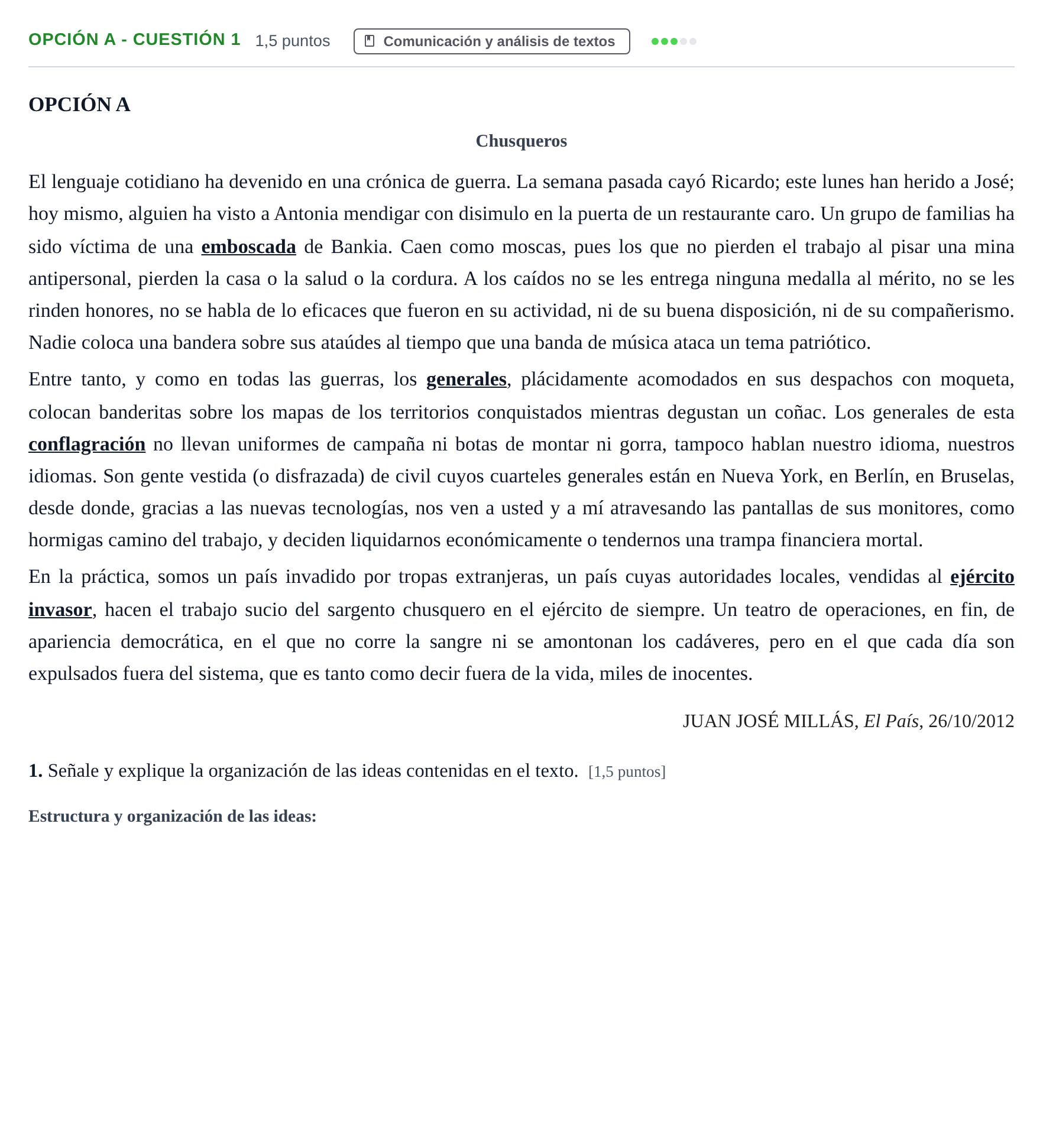 Enunciado: Opción A - Cuestión 1 · Lengua Castellana y Literatura II PAU Andalucía Ordinaria Reserva B 2013