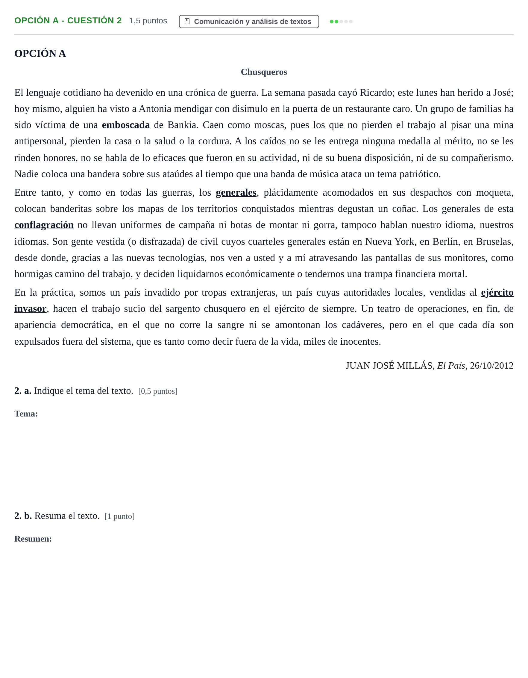 Enunciado: Opción A - Cuestión 2 · Lengua Castellana y Literatura II PAU Andalucía Ordinaria Reserva B 2013