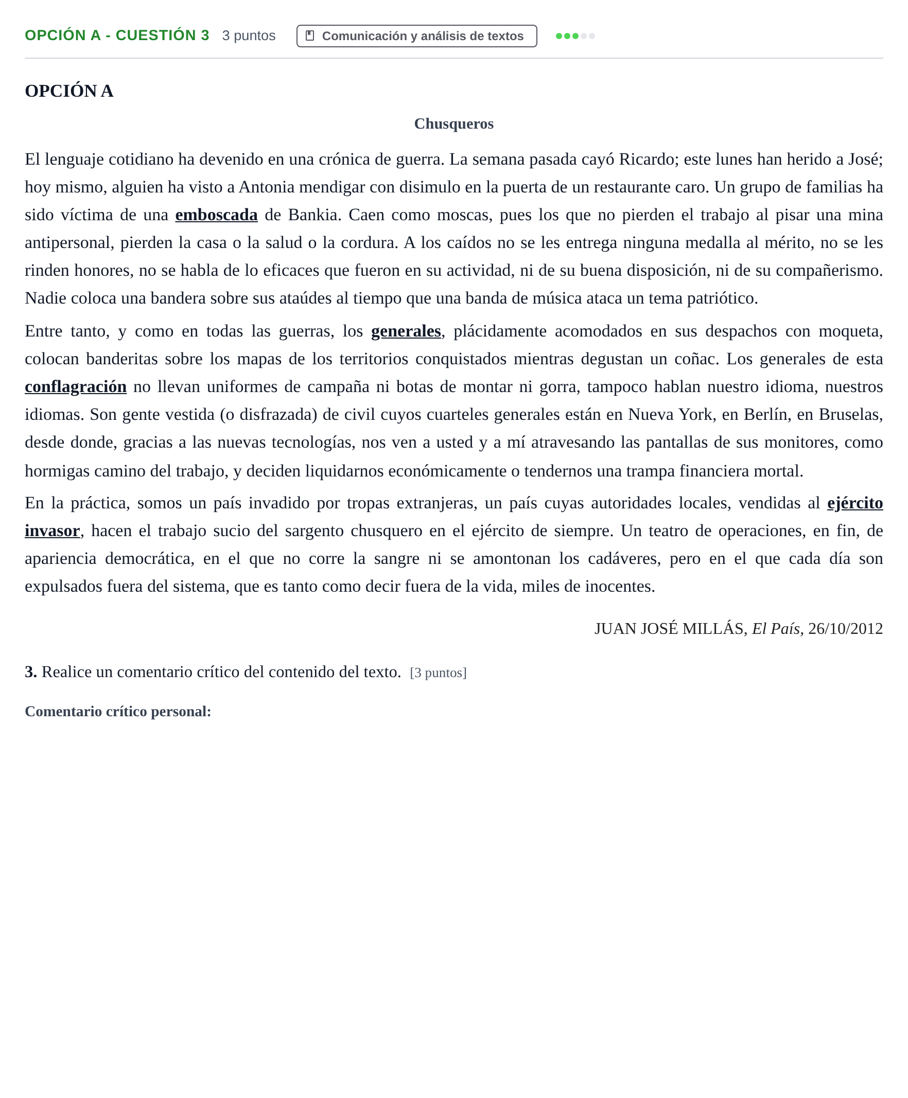 Enunciado: Opción A - Cuestión 3 · Lengua Castellana y Literatura II PAU Andalucía Ordinaria Reserva B 2013