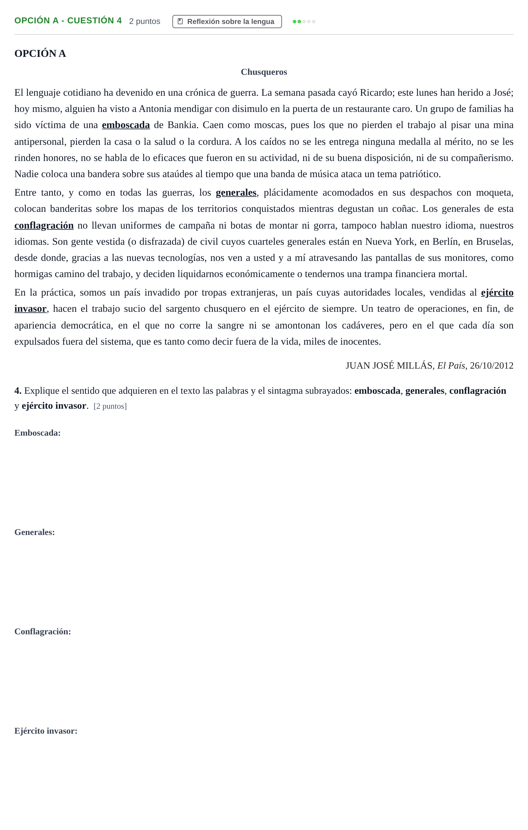 Enunciado: Opción A - Cuestión 4 · Lengua Castellana y Literatura II PAU Andalucía Ordinaria Reserva B 2013