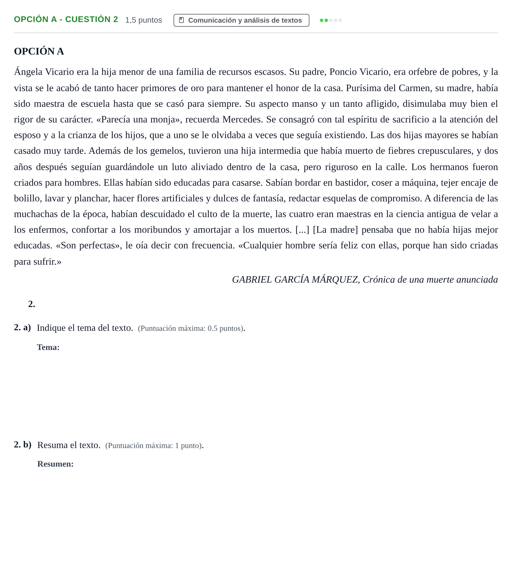 Enunciado: Opción A - Cuestión 2 · Lengua Castellana y Literatura II PAU Andalucía Extraordinaria Reserva A 2013