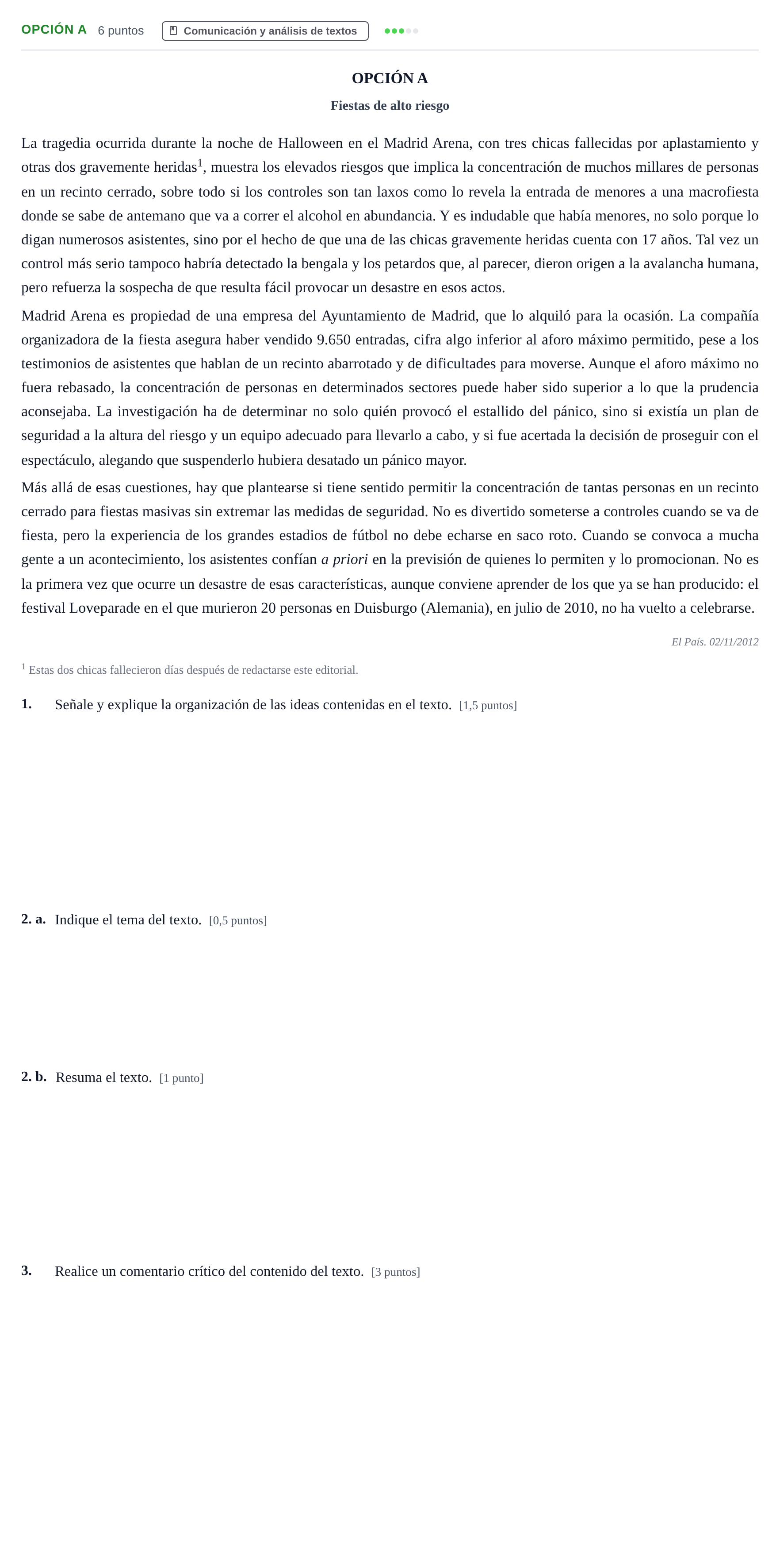 Enunciado: Opción A · Lengua Castellana y Literatura II PAU Andalucía Extraordinaria Reserva B 2013