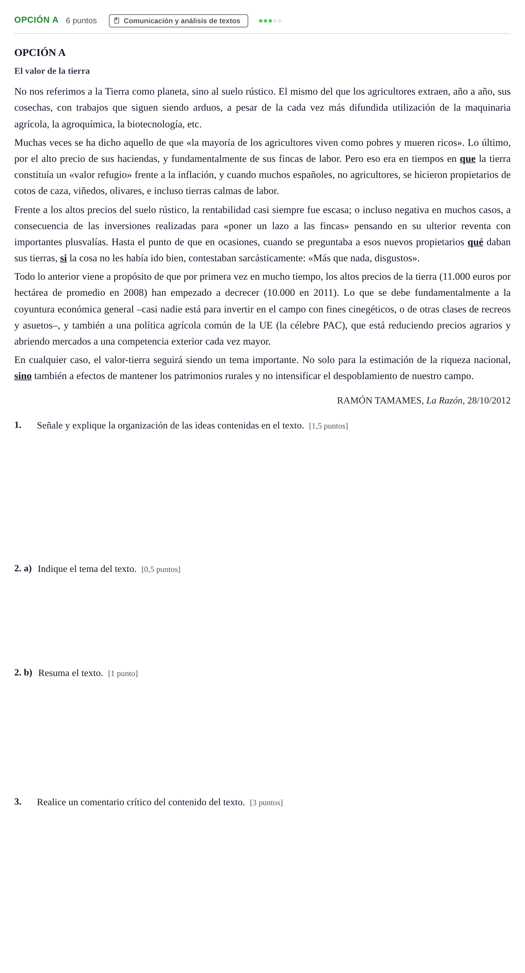 Enunciado: Opción A · Lengua Castellana y Literatura II PAU Andalucía Extraordinaria Titular 2013