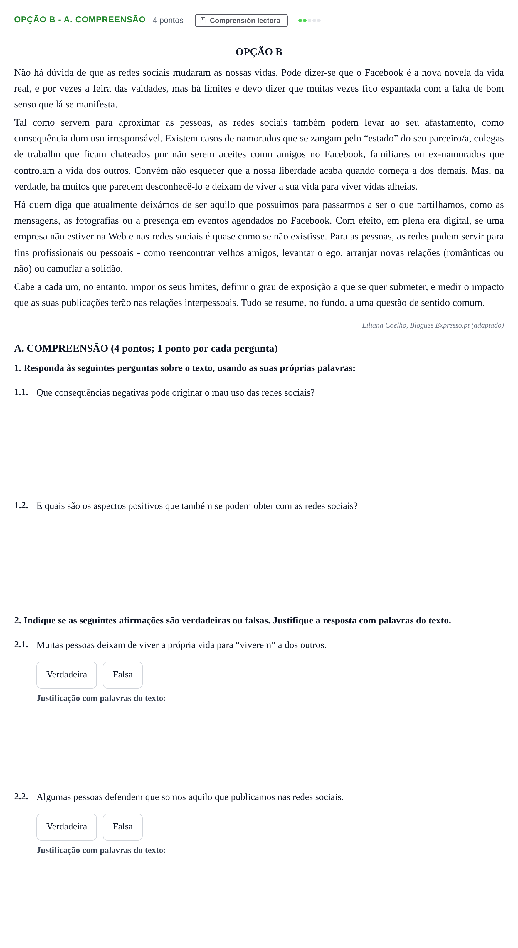 Enunciado: Ejercicio Opção B - A. Compreensão · Portugués PAU Andalucía Extraordinaria Reserva B 2013