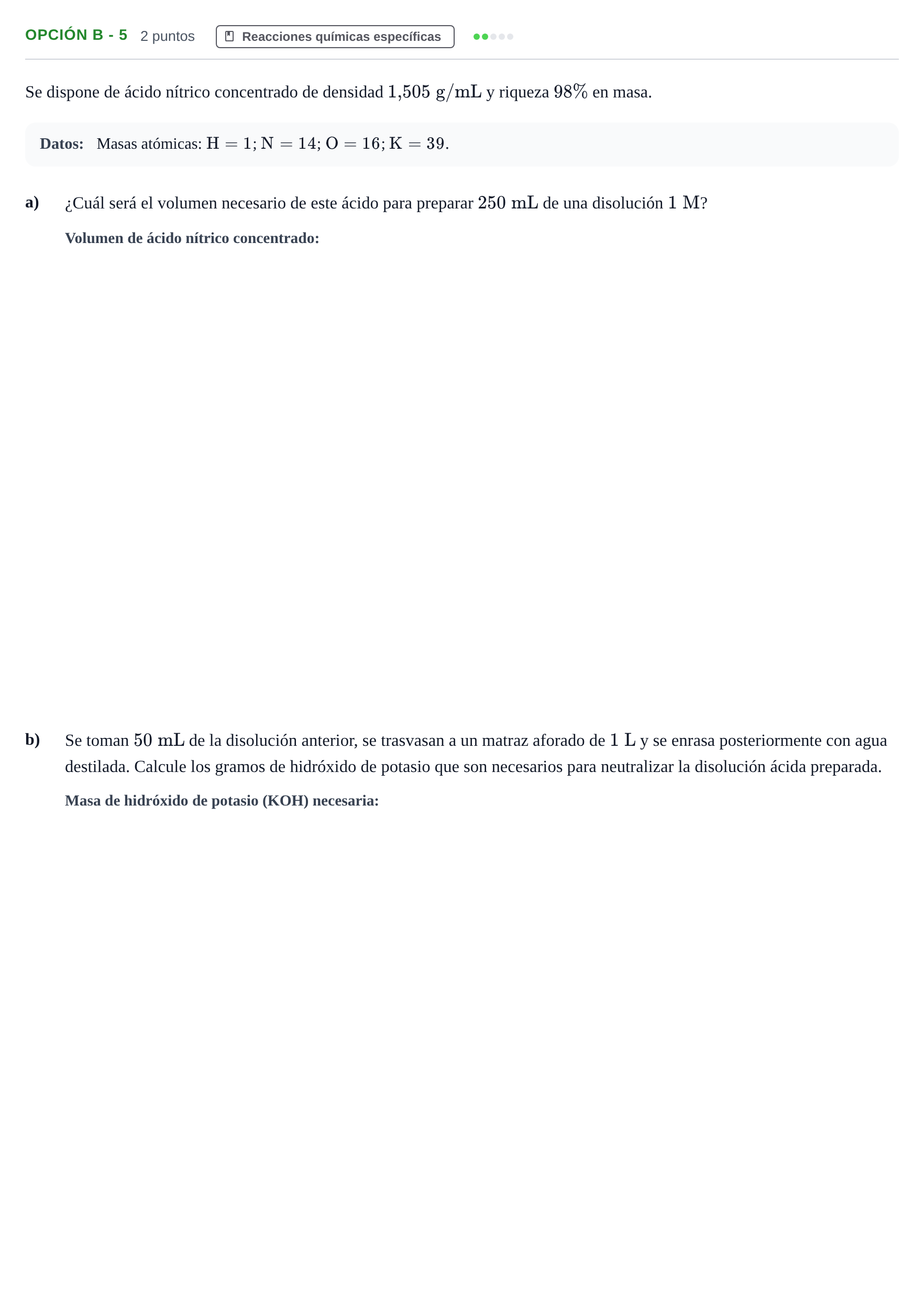 Enunciado: Opción B - 5 · Química PAU Andalucía Extraordinaria Titular 2013
