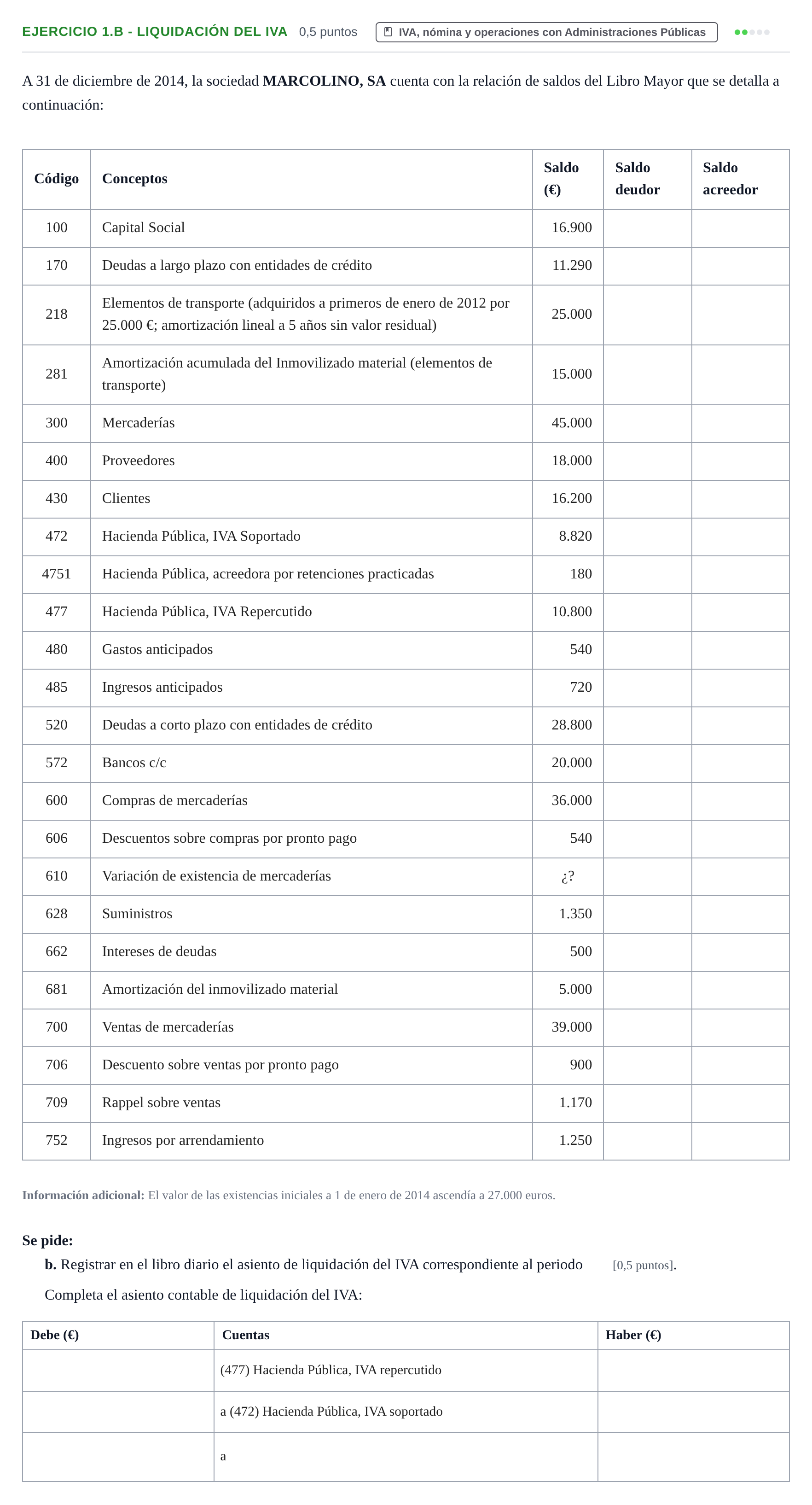 Enunciado: Ejercicio 1.b - Liquidación del IVA · Introducción a la Contabilidad UAB 2015