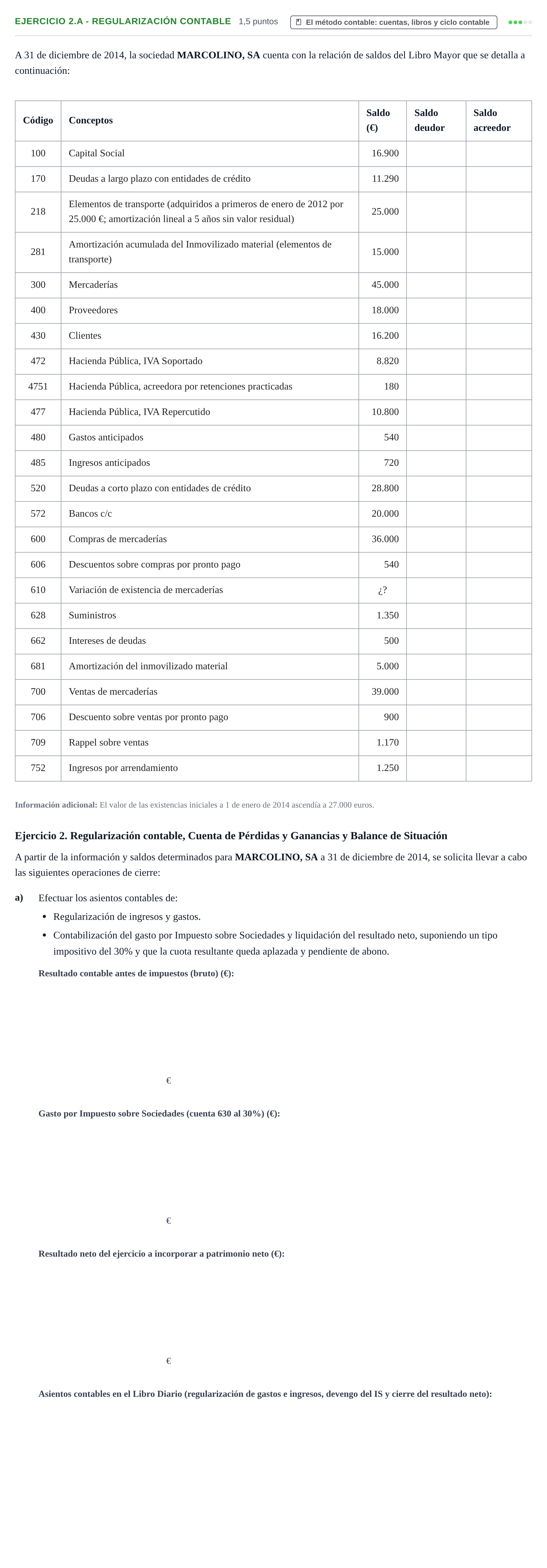 Enunciado: Ejercicio 2.a - Regularización contable · Introducción a la Contabilidad UAB 2015