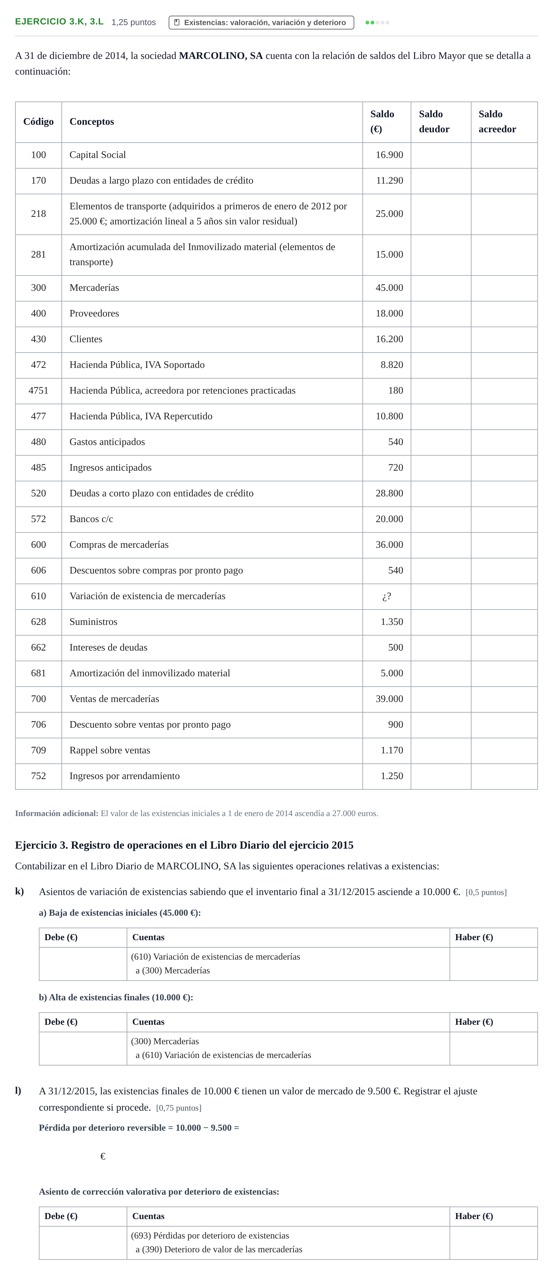 Enunciado: Ejercicio 3.k, 3.l - Existencias · Introducción a la Contabilidad UAB 2015