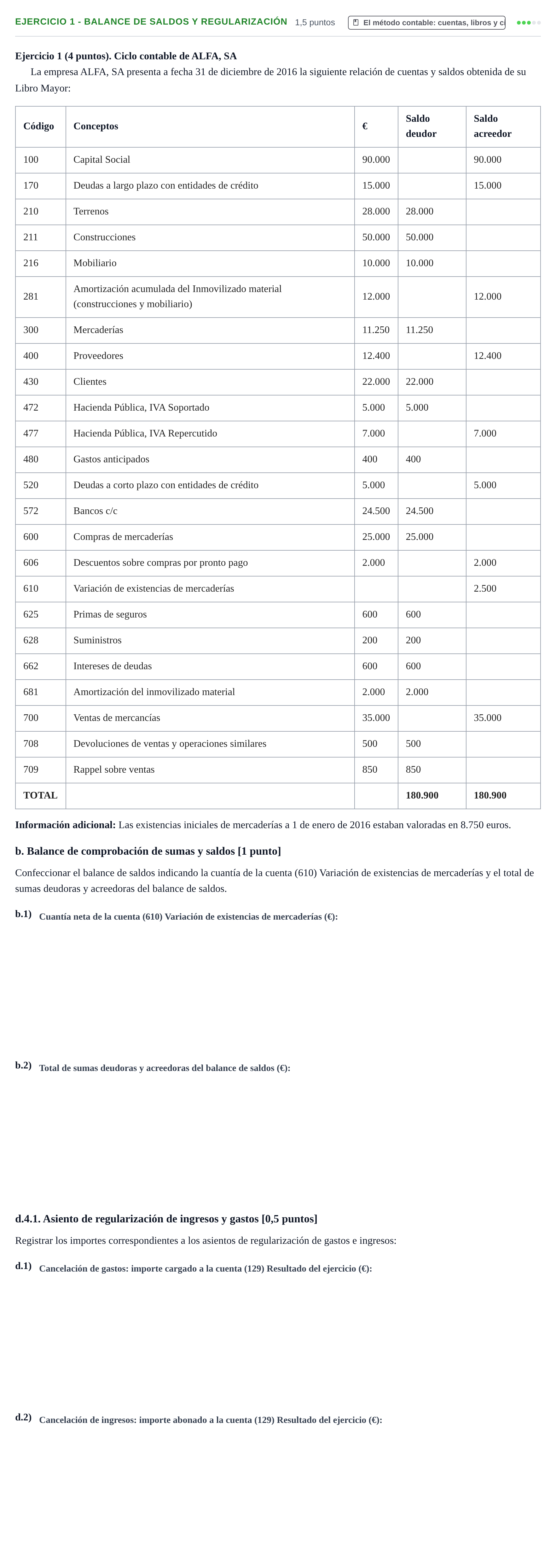 Enunciado: Ejercicio 1 - Balance de saldos y regularización · Introducción a la Contabilidad UAB 2016