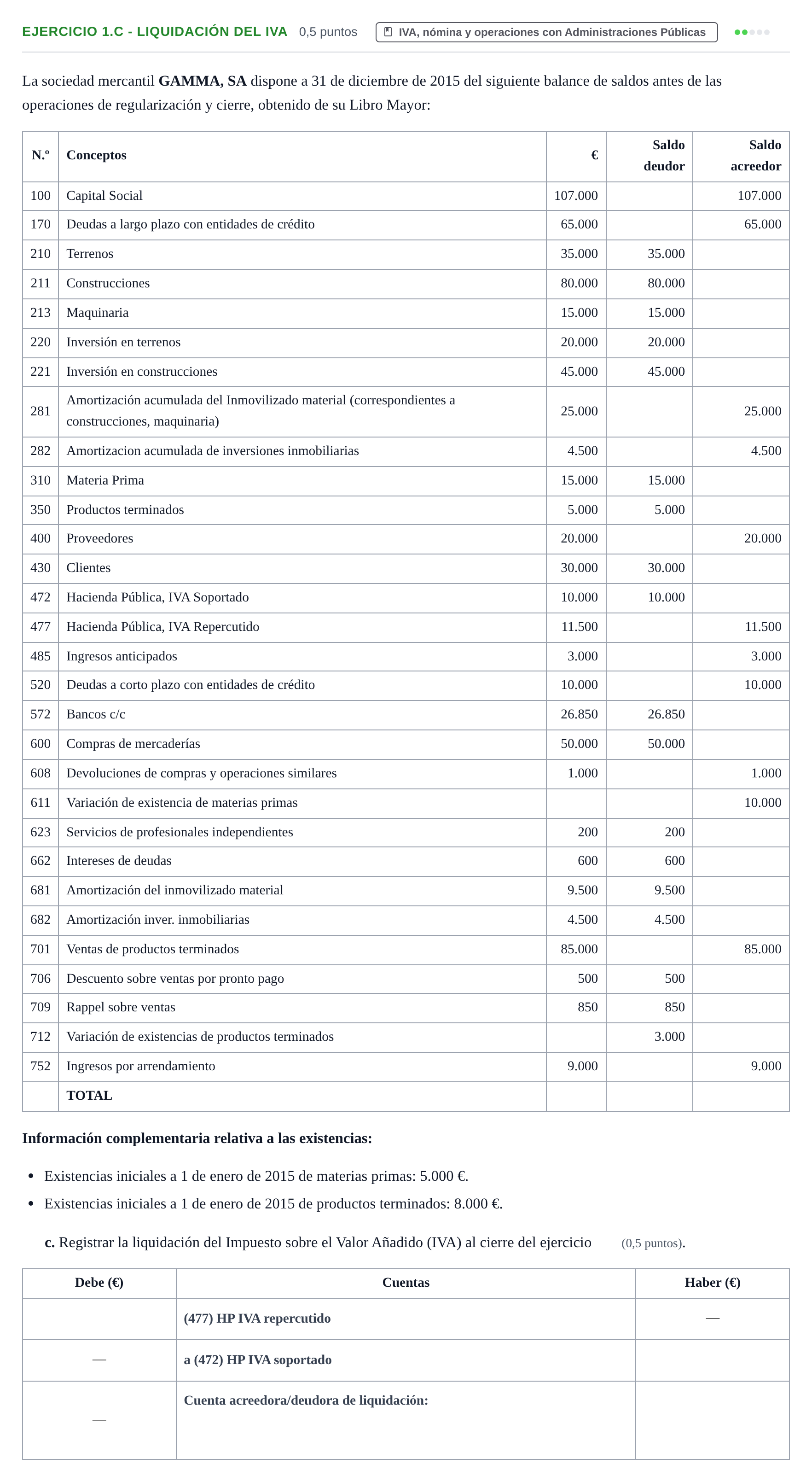 Enunciado: Ejercicio 1.c - Liquidación del IVA · Introducción a la Contabilidad UAB 2016