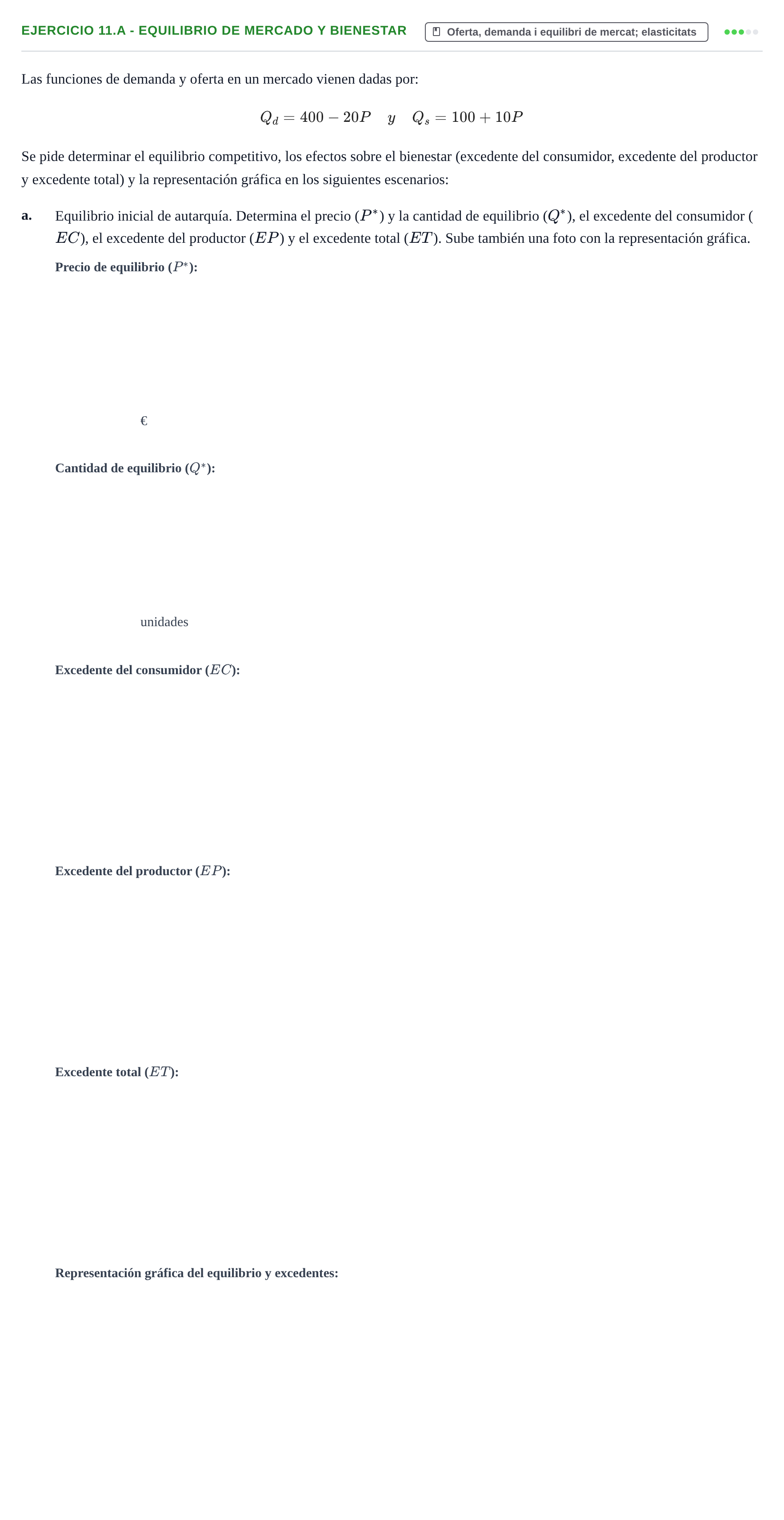 Enunciado: Ejercicio 11.a - Equilibrio de mercado y bienestar · Microeconomía UB 2021