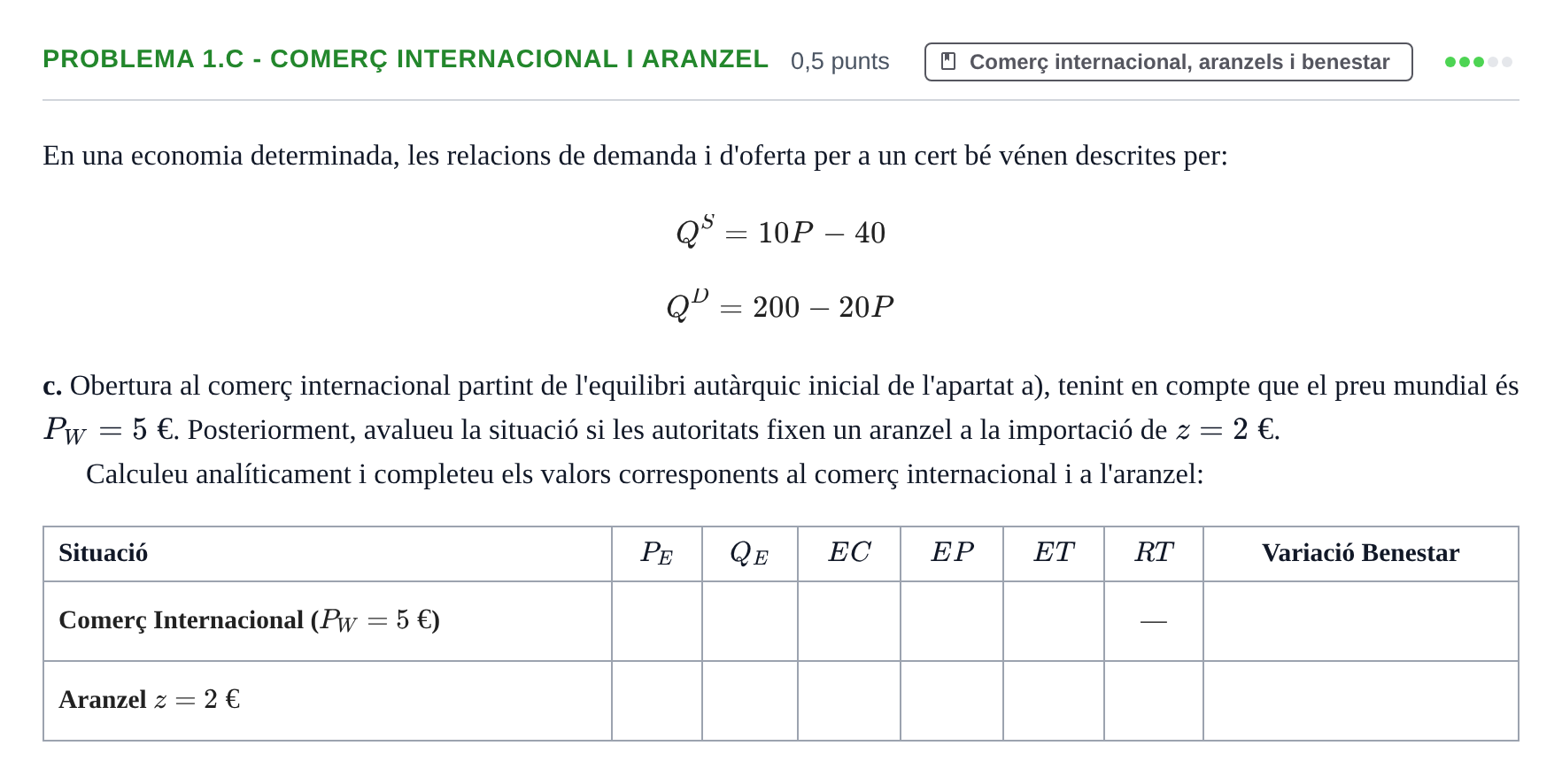 Enunciado: Problema 1.c - Comerç internacional i aranzel · Microeconomía UB Juny 2021