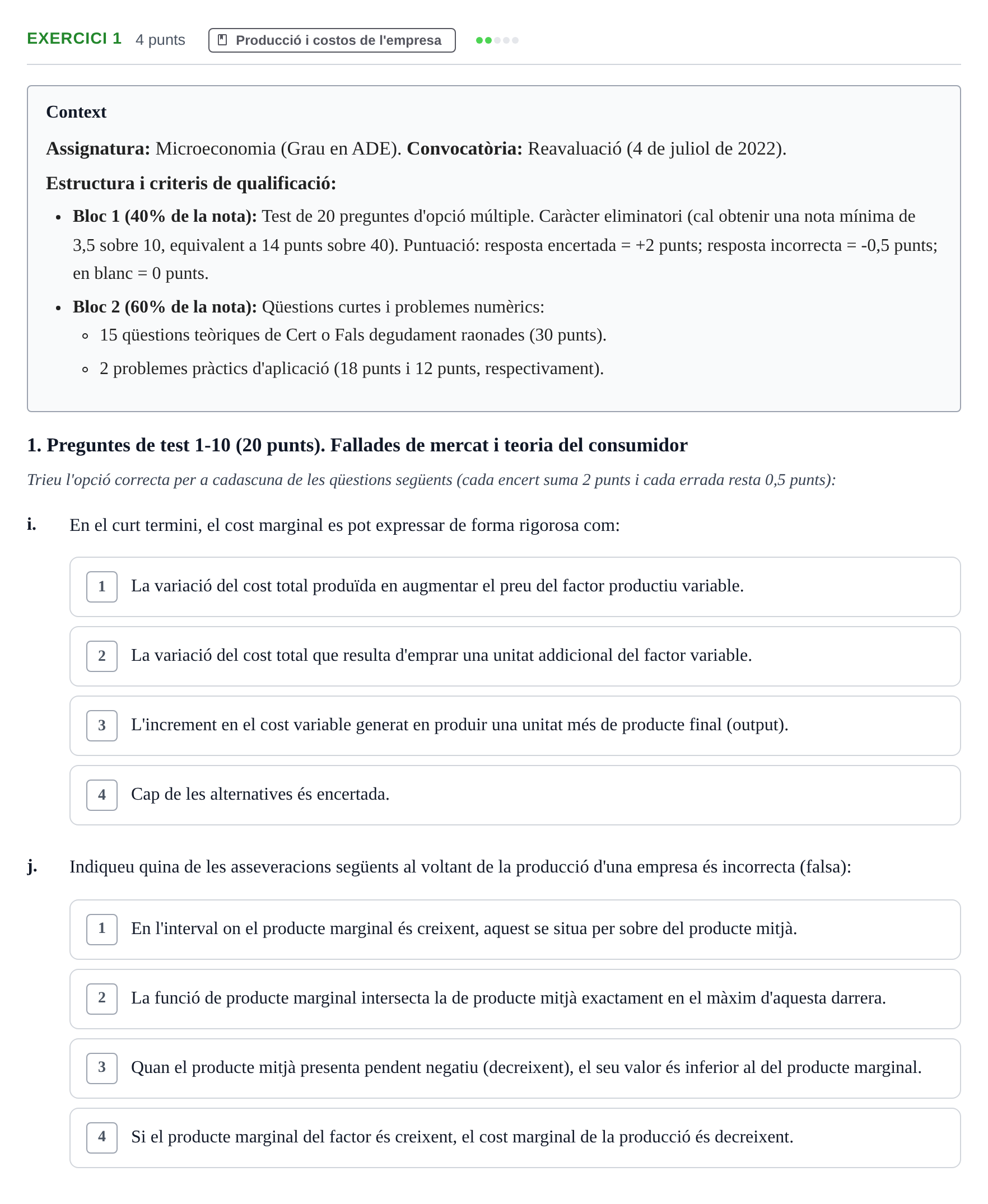 Enunciado: Ejercicio 1 - Producció i costos · Microeconomía UB 2022