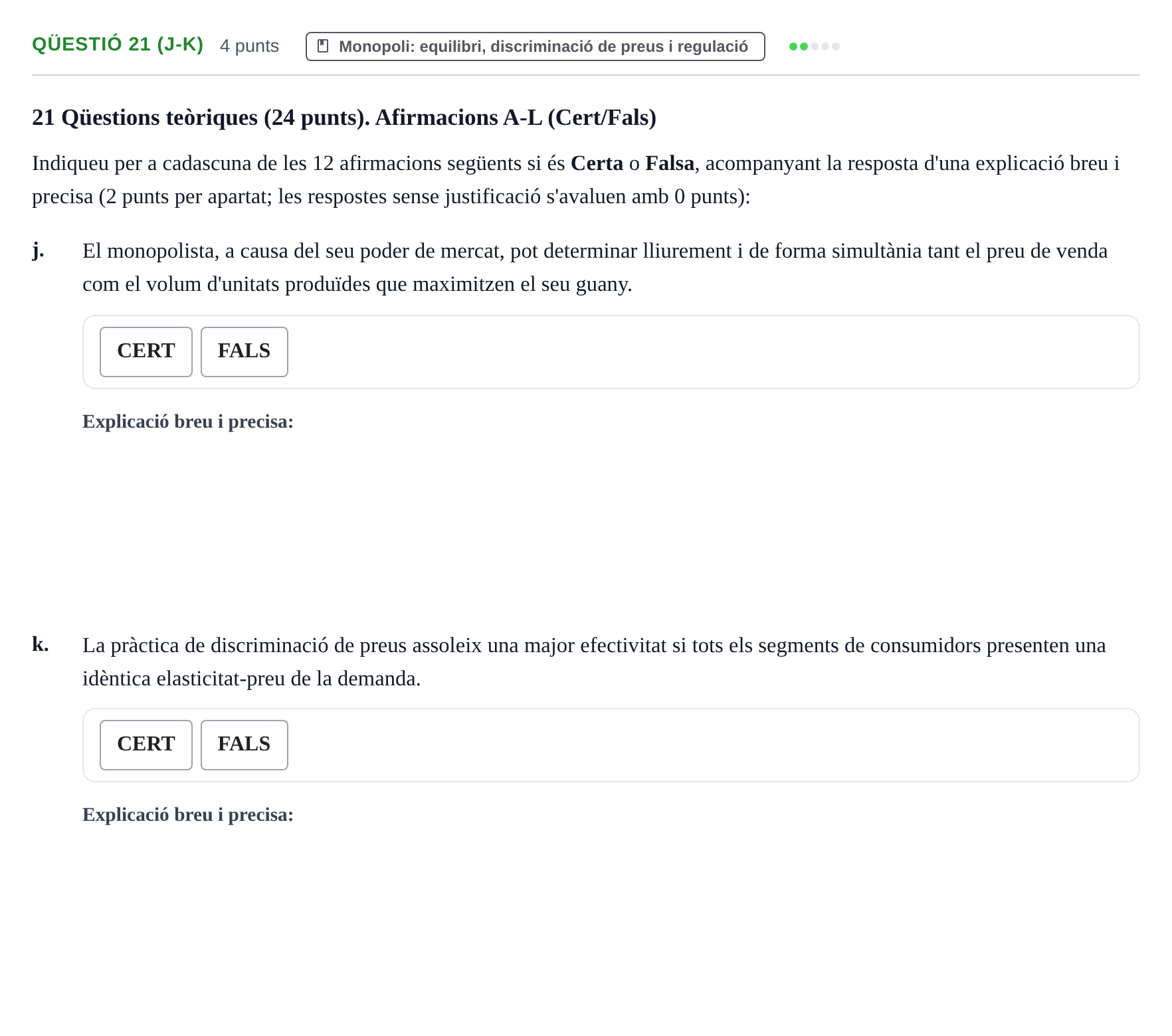 Enunciado: Ejercicio Qüestió 21 (j-k) - Monopoli · Microeconomía UB 2023