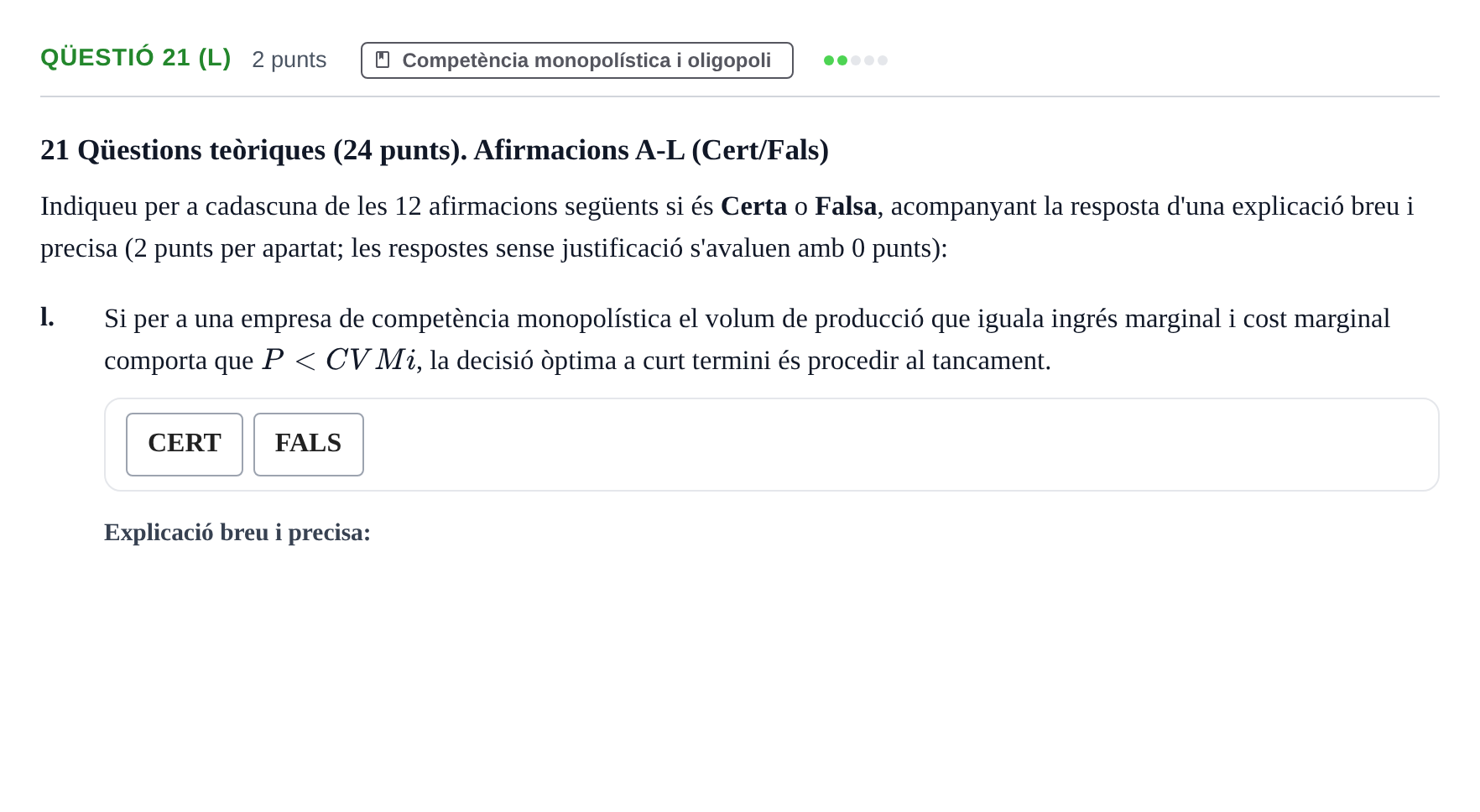 Enunciado: Ejercicio Qüestió 21 (l) - Competència monopolística · Microeconomía UB 2023