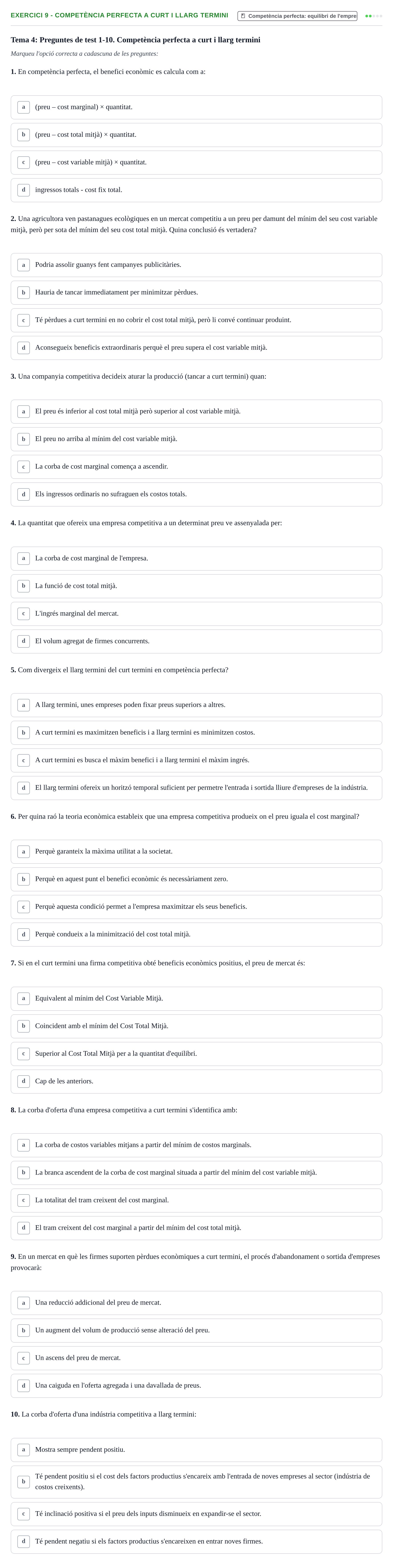 Enunciado: 9 - Competència perfecta a curt i llarg termini