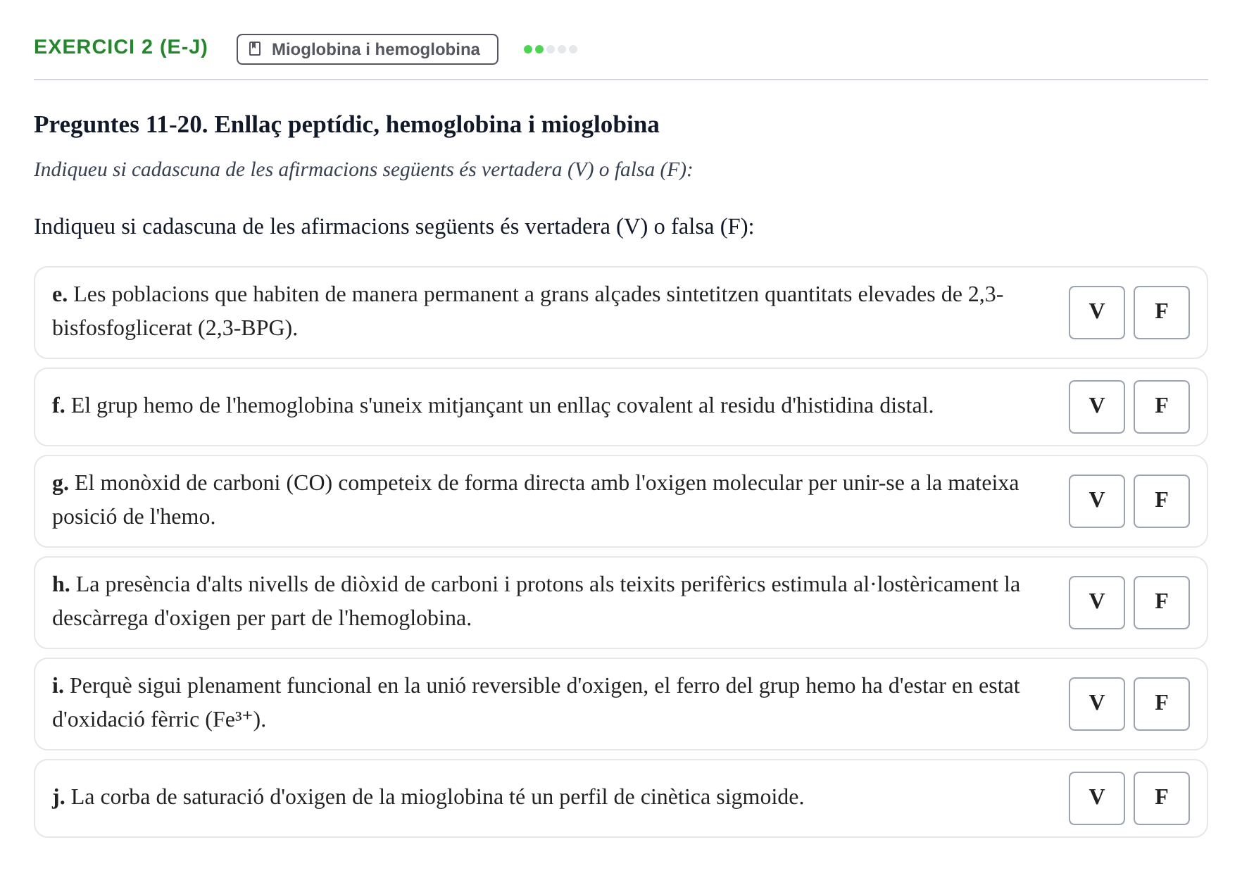 Enunciado: Ejercicio 2 (e-j) - Mioglobina i hemoglobina · Bioquímica UB 2022