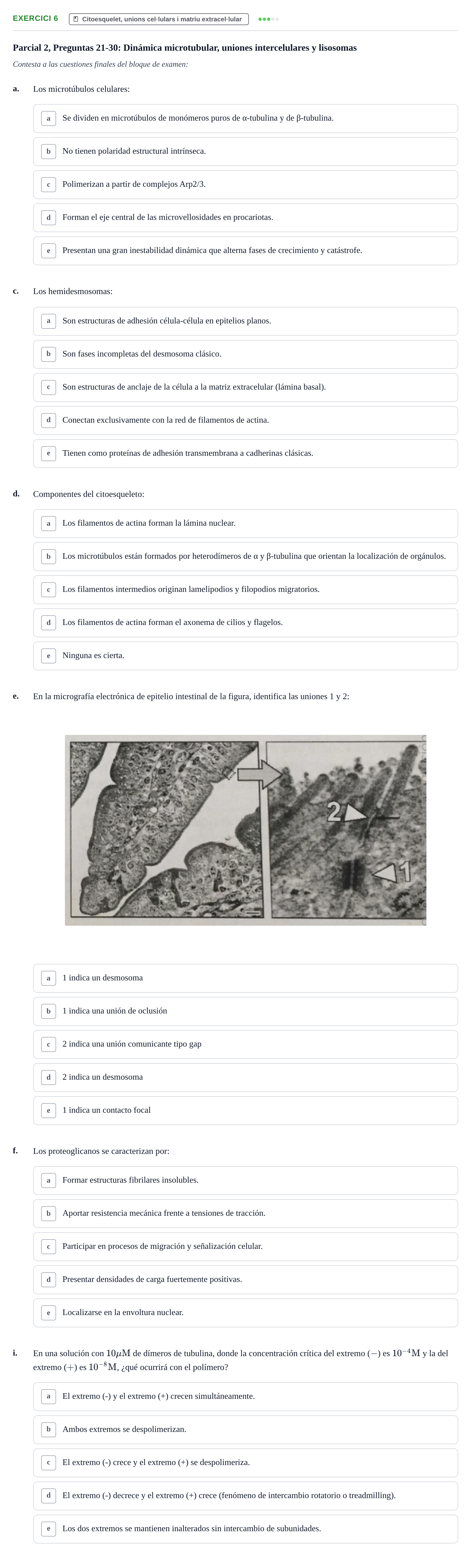 Enunciado: Ejercicio 6 - Citoesquelet, unions cel·lulars i matriu extr… · Biología Celular UB Recull de preguntes de preparació d'examen (Parcials 1 i 2)