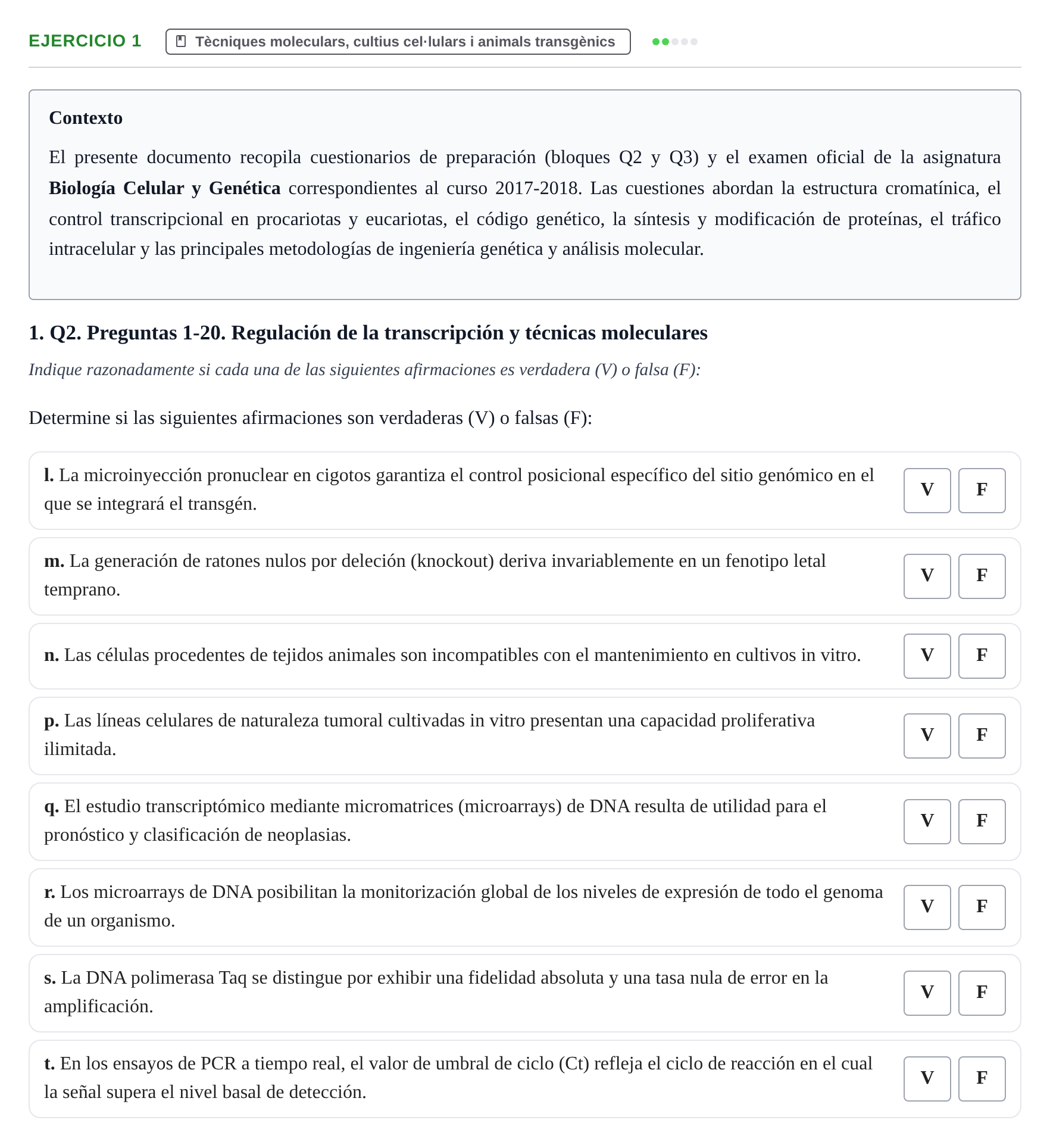 Enunciado: Ejercicio 1 - Tècniques moleculars, cultius cel·lulars i an… · Biología Celular UB 2017