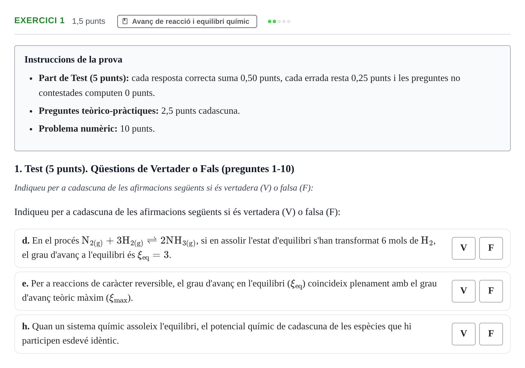 Enunciado: Ejercicio 1 - Avanç de reacció i equilibri químic · Fisicoquímica I UB 2020