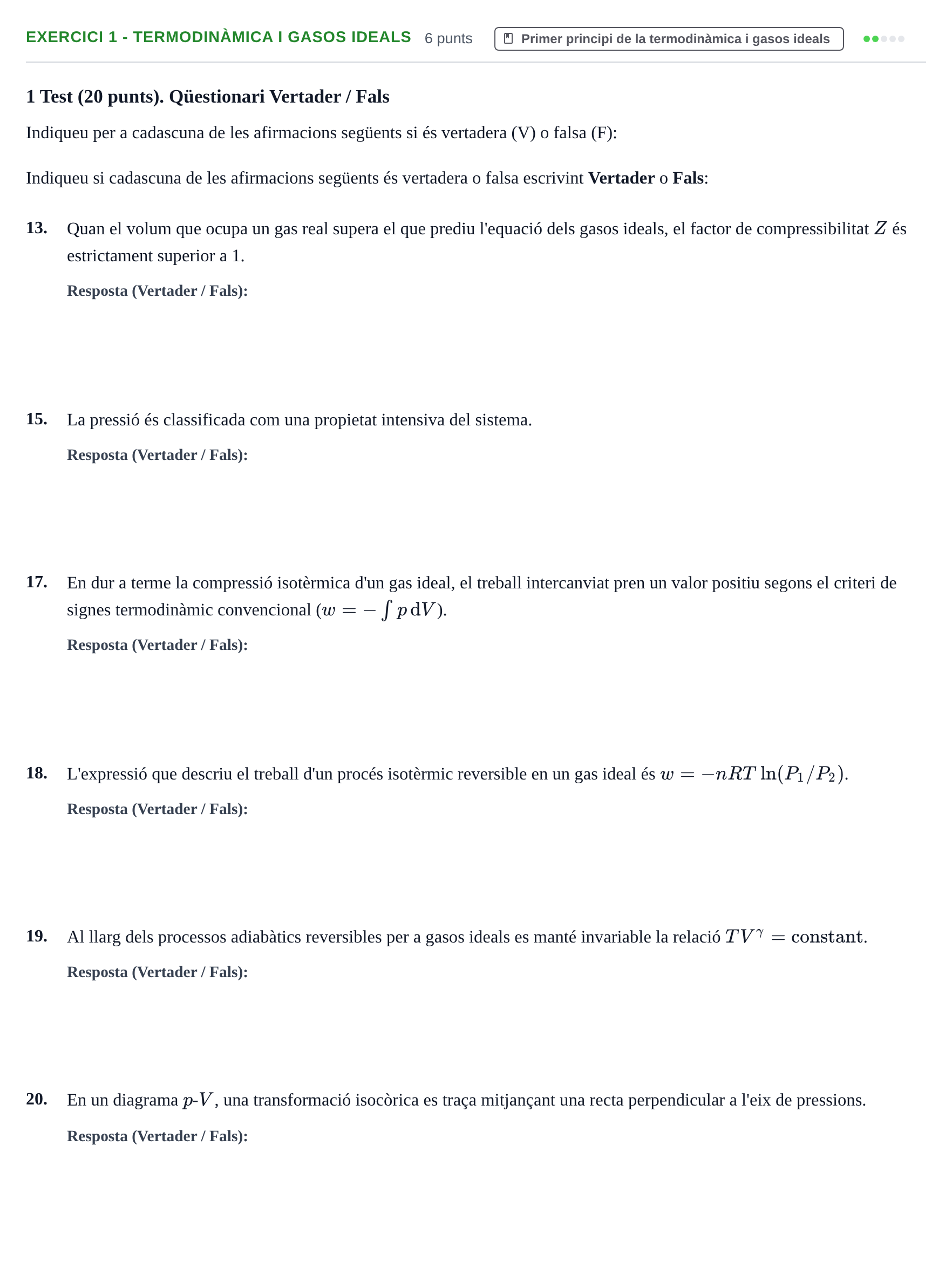 Enunciado: Ejercicio 1 - Termodinàmica i gasos ideals · Física Aplicada a Farmacia UB 2018