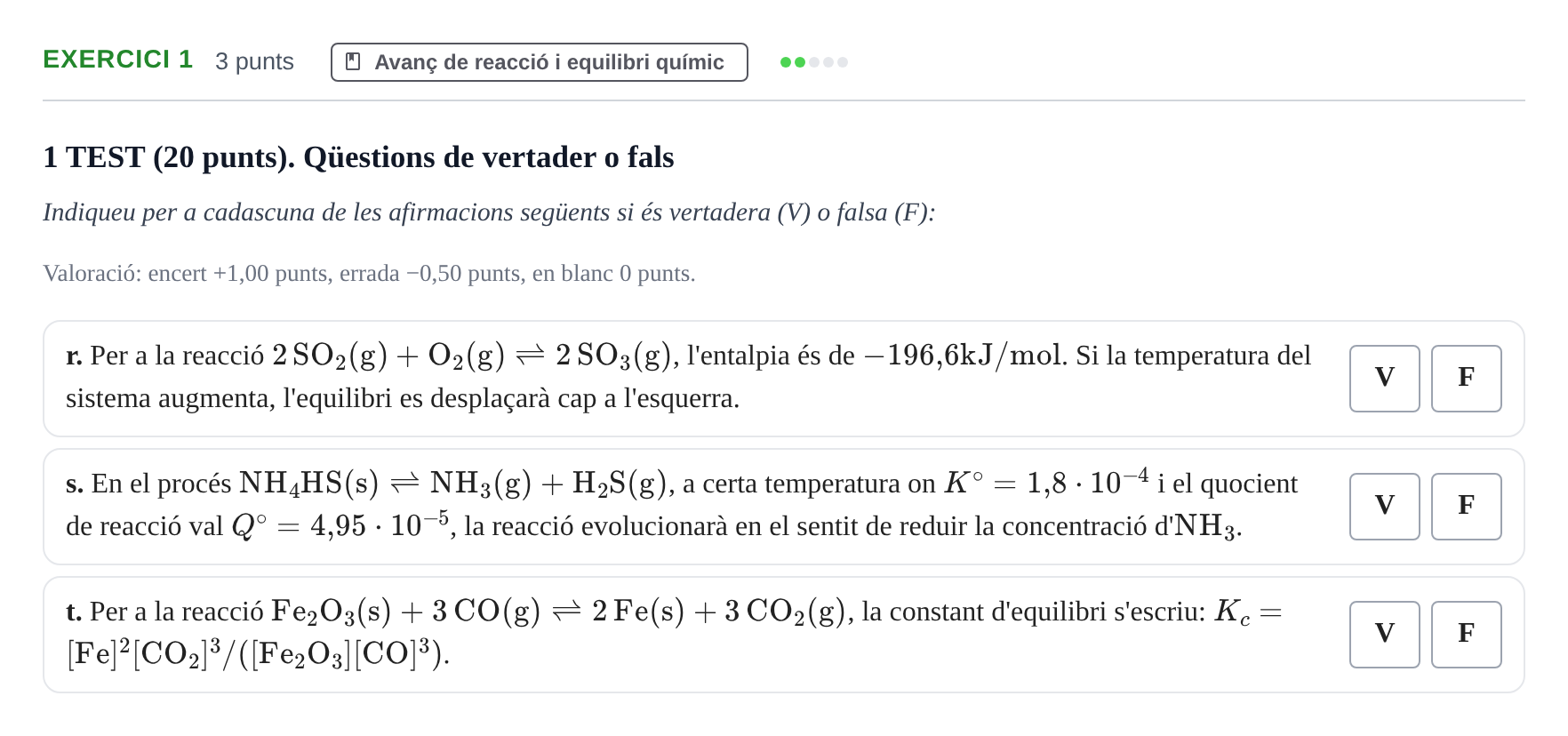 Enunciado: Ejercicio 1 - Avanç de reacció i equilibri químic · Fisicoquímica I UB Juny 2016