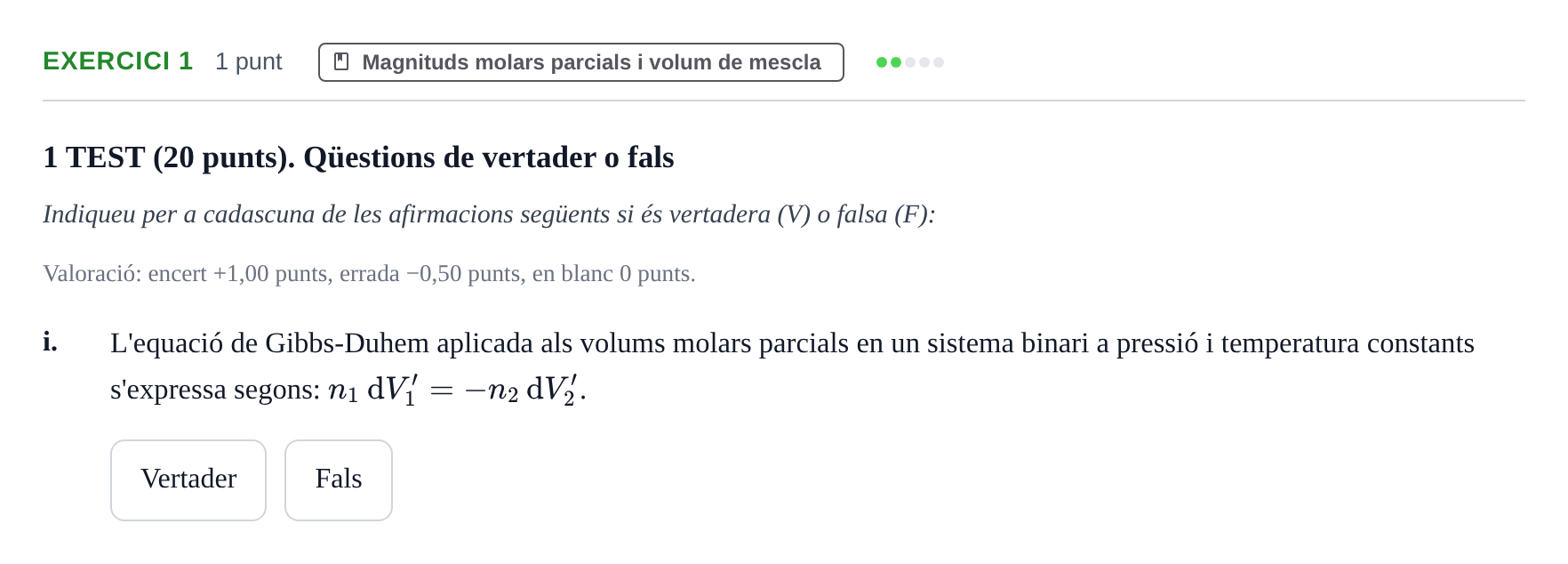 Enunciado: Ejercicio 1 - Magnituds molars parcials · Fisicoquímica I UB Juny 2016