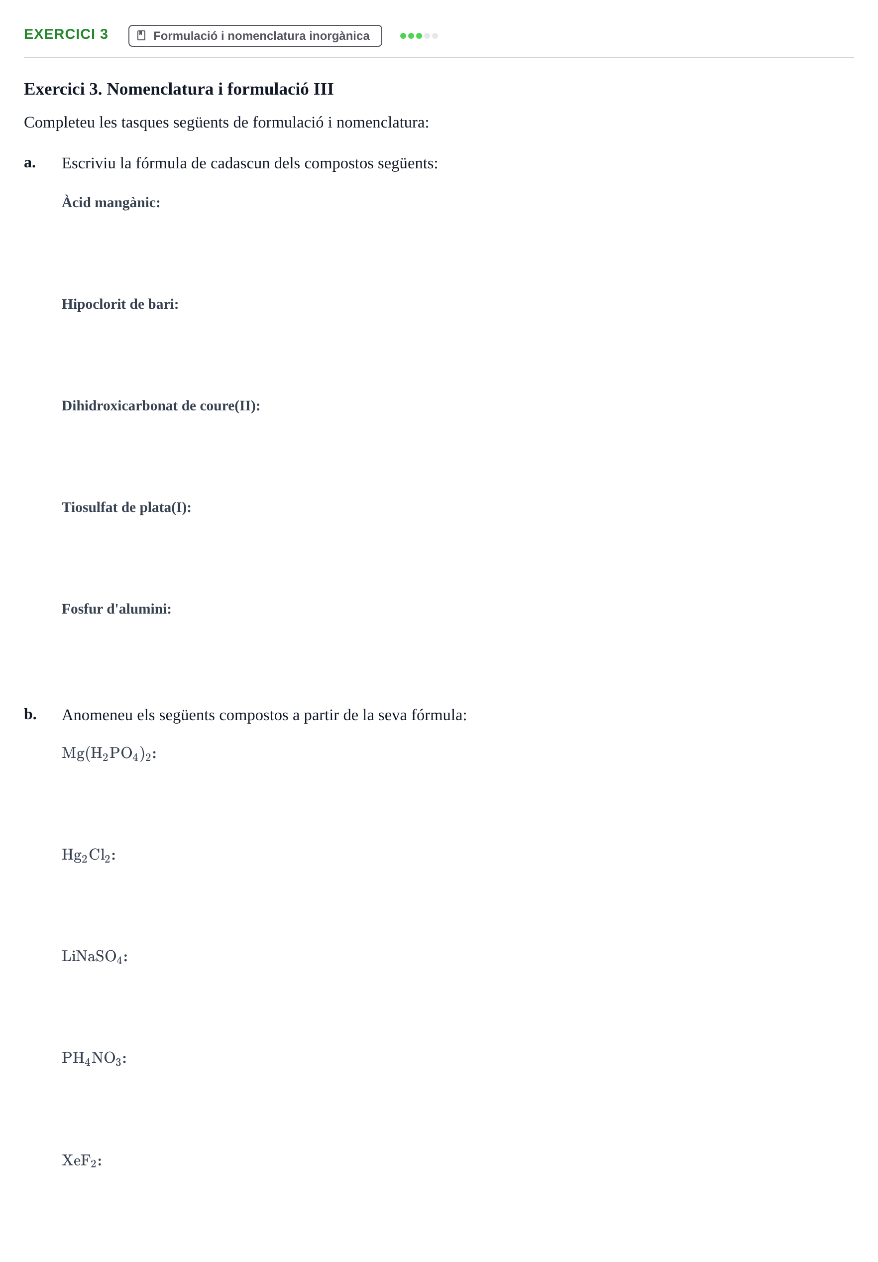 Enunciado: Exercici 3 · Química General I Inorgànica UB Exemples